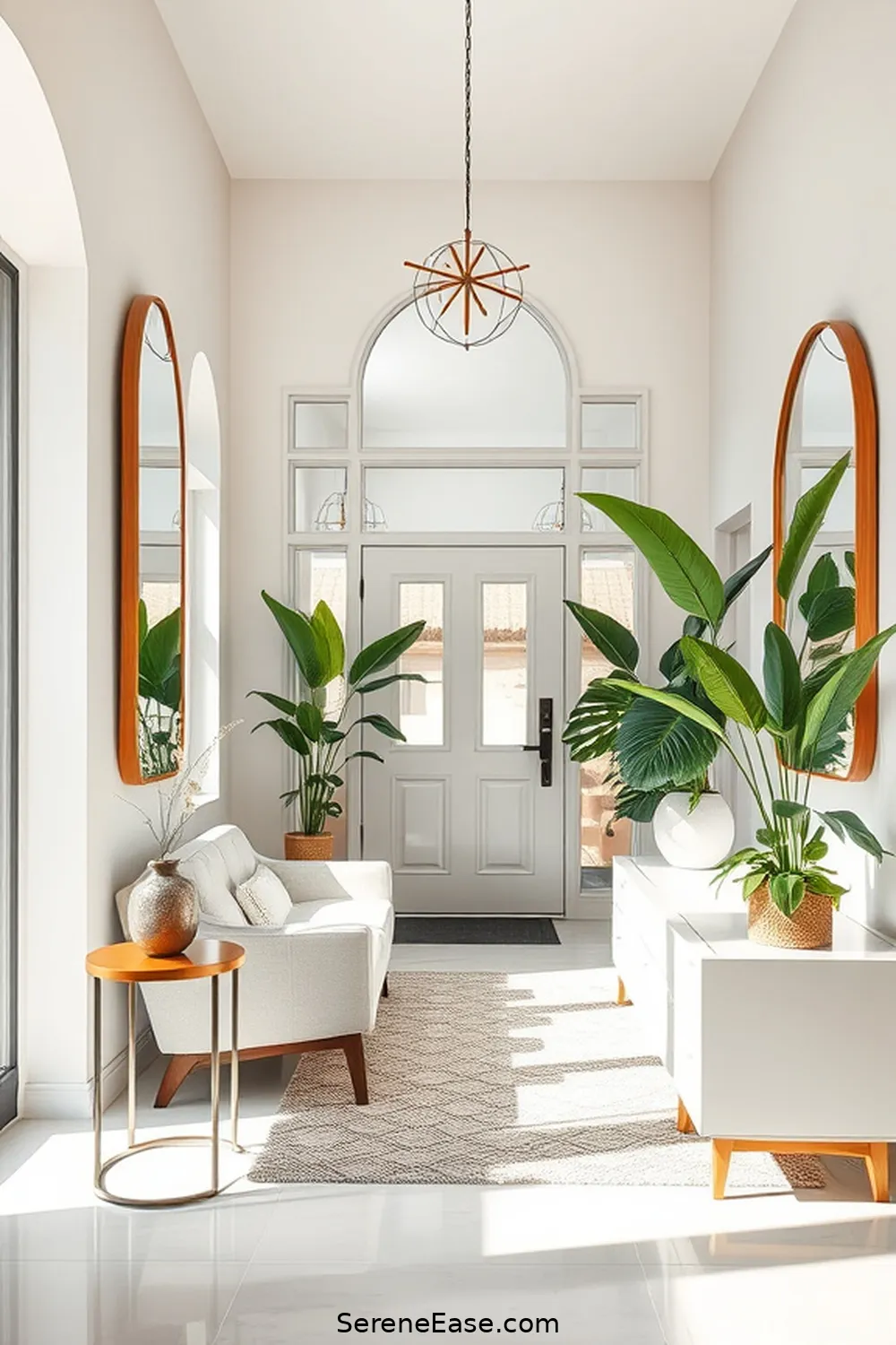 Use Mirrors to Enhance Light for 18 Ways to Use Neutral Tones in a Mid-Century Modern Style Entryway