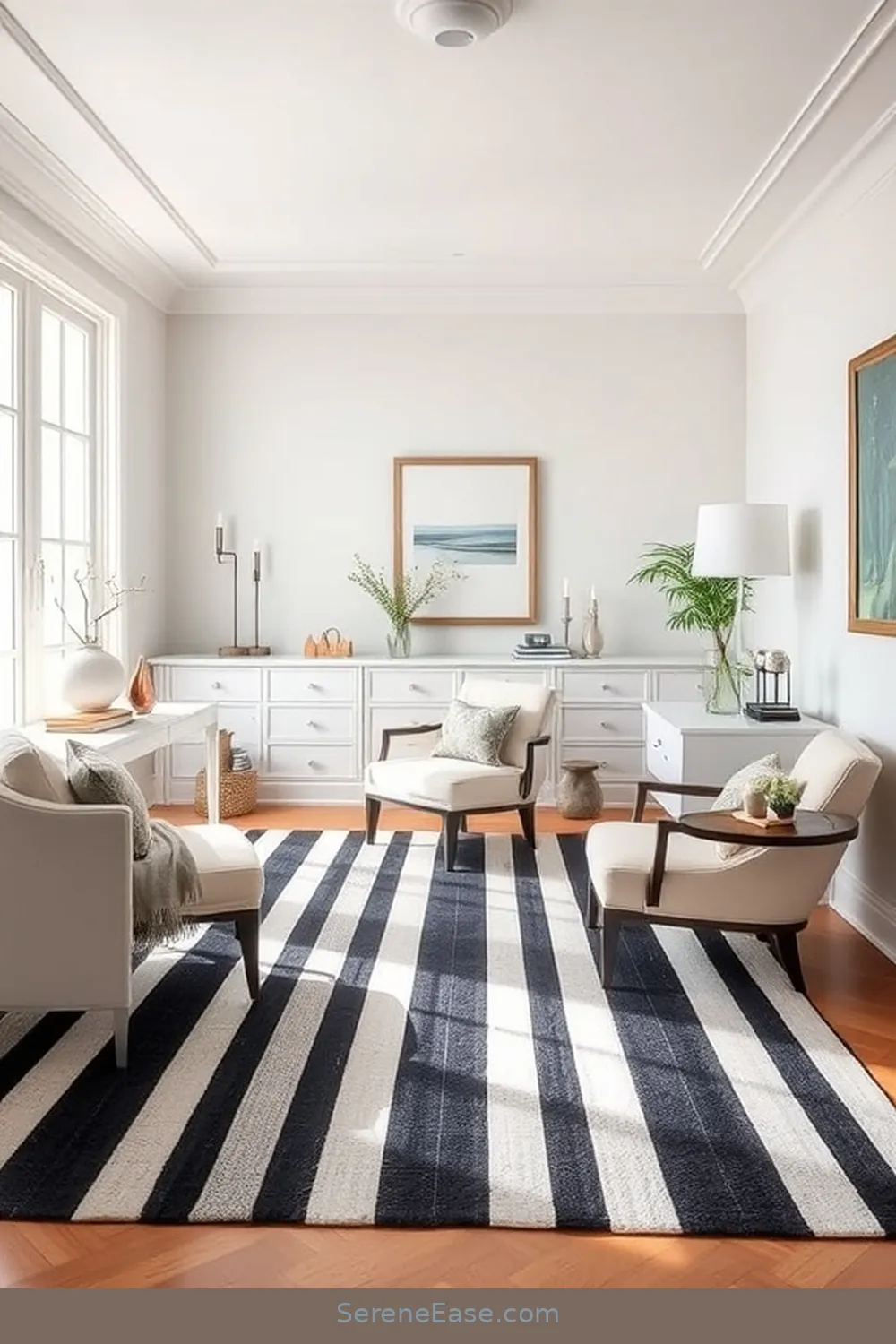 19 Chic Ways to Incorporate Black and White in Your Coastal Home Office Style 3 Striped Black and White Rugs for 19 Chic Ways to Incorporate Black and White in Your Coastal Home Office Style