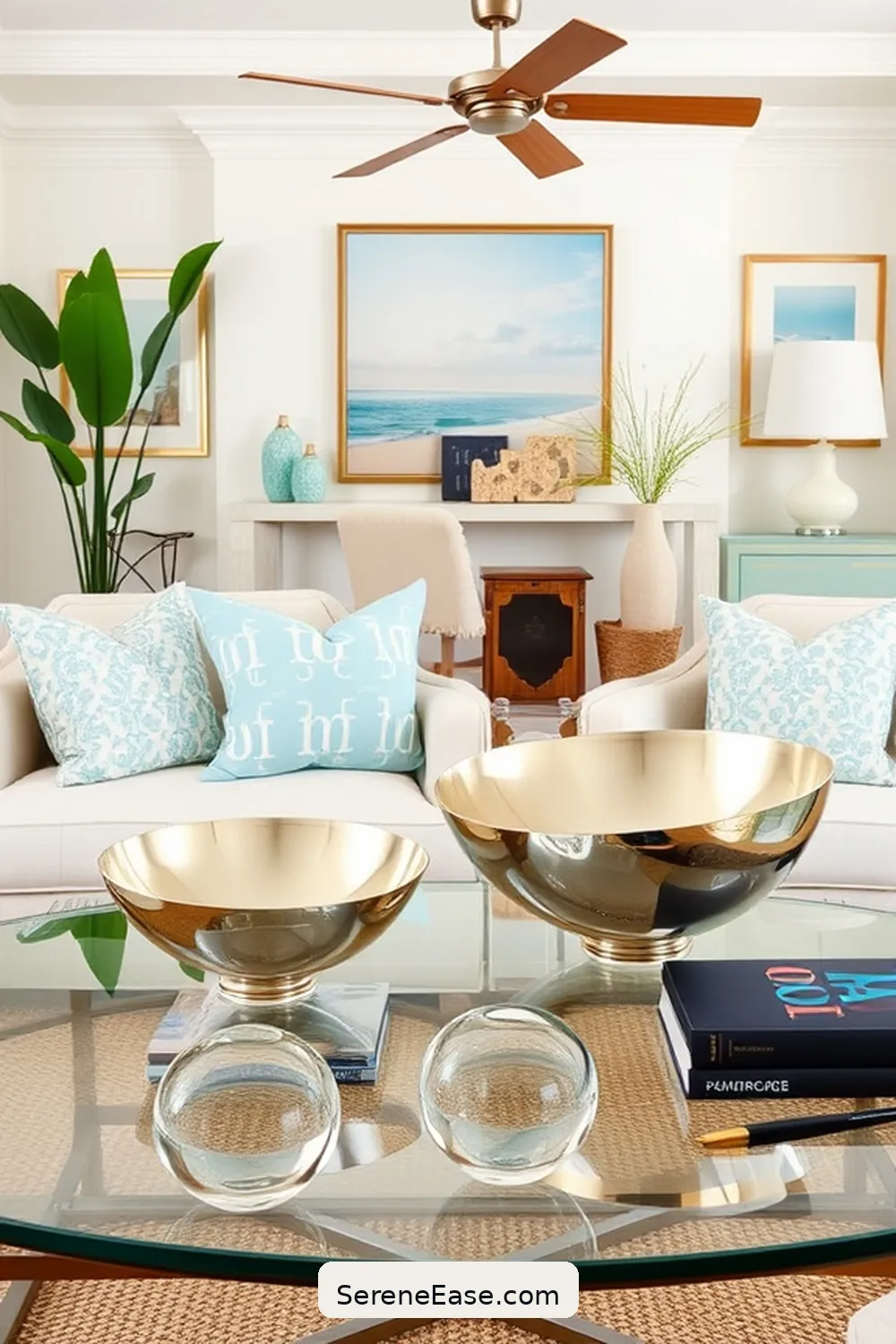 19 Stunning Ways to Incorporate Metallic Accents in Your Coastal Living Room Style 20 Add Metallic Decorative Bowls for 19 Stunning Ways to Incorporate Metallic Accents in Your Coastal Living Room Style