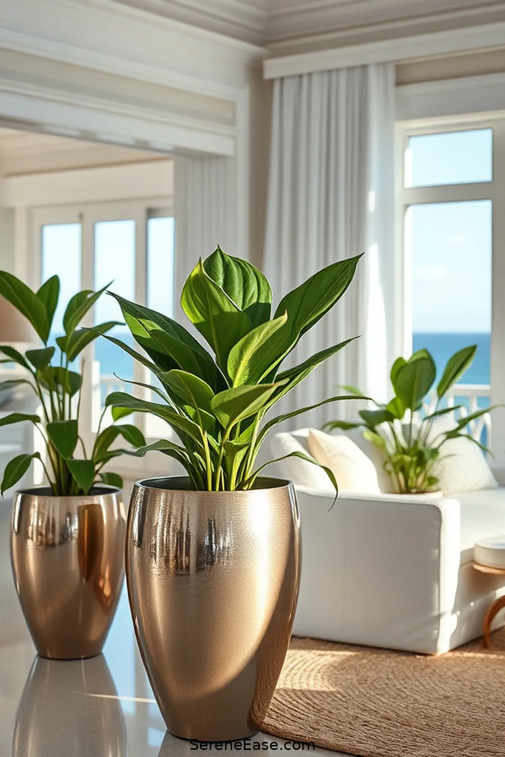 19 Stunning Ways to Incorporate Metallic Accents in Your Coastal Living Room Style 18 Use Metallic Planters for 19 Stunning Ways to Incorporate Metallic Accents in Your Coastal Living Room Style