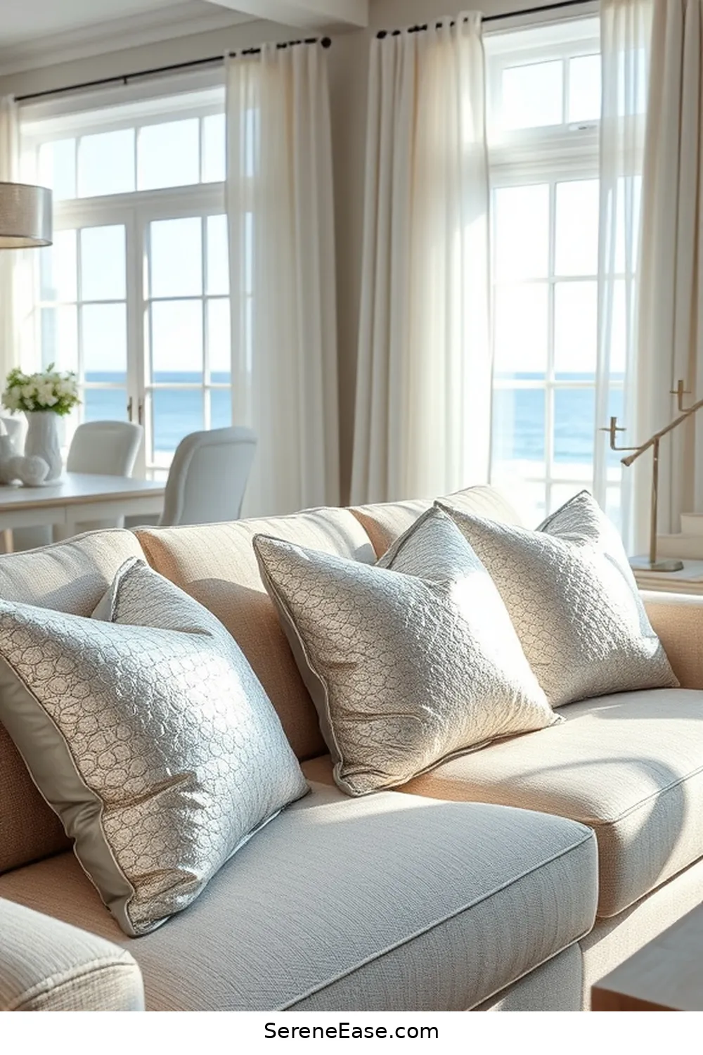 19 Stunning Ways to Incorporate Metallic Accents in Your Coastal Living Room Style 4 Use Metallic Throw Pillows for 19 Stunning Ways to Incorporate Metallic Accents in Your Coastal Living Room Style