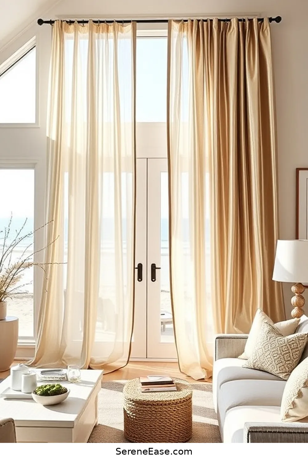 19 Stunning Ways to Incorporate Metallic Accents in Your Coastal Living Room Style 14 Use Metallic Window Treatments for 19 Stunning Ways to Incorporate Metallic Accents in Your Coastal Living Room Style