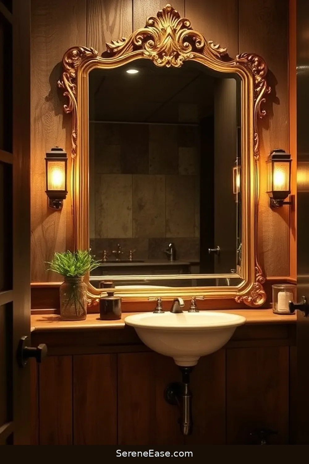 19 Stunning Ways to Use Metallic Accents in Rustic Bathroom Style 4 Add a Gold Framed Mirror for 19 Stunning Ways to Use Metallic Accents in Rustic Bathroom Style