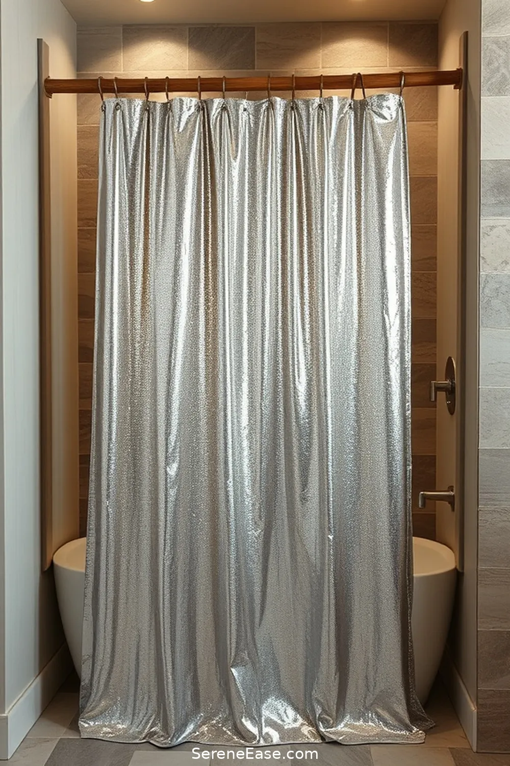 19 Stunning Ways to Use Metallic Accents in Rustic Bathroom Style 12 Choose a Metallic Shower Curtain for 19 Stunning Ways to Use Metallic Accents in Rustic Bathroom Style