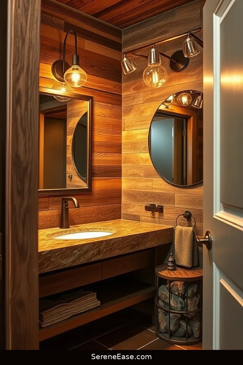 19 Stunning Ways to Use Metallic Accents in Rustic Bathroom Style 8 Integrate Metallic Lighting Fixtures for 19 Stunning Ways to Use Metallic Accents in Rustic Bathroom Style