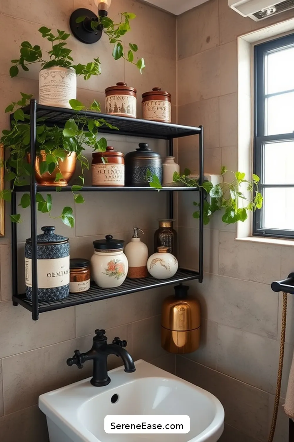 19 Stunning Ways to Use Metallic Accents in Rustic Bathroom Style 7 Opt for Decorative Metal Shelving for 19 Stunning Ways to Use Metallic Accents in Rustic Bathroom Style