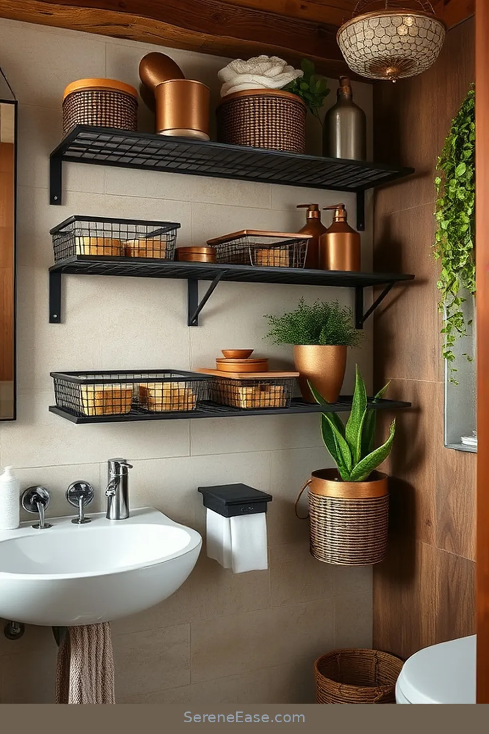19 Stunning Ways to Use Metallic Accents in Rustic Bathroom Style 17 Utilize Metal Wall Mounted Storage for 19 Stunning Ways to Use Metallic Accents in Rustic Bathroom Style