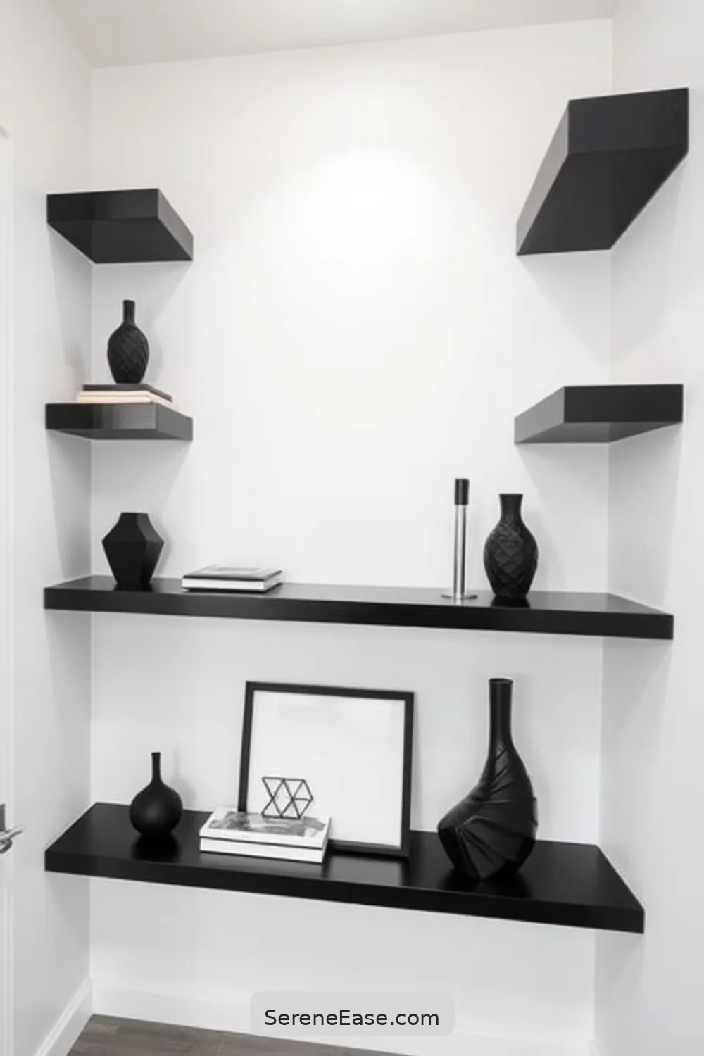 19 Ways to Achieve Black and White Minimalist Style in Your Hallway 7 Implement Floating Shelves for 19 Ways to Achieve Black and White Minimalist Style in Your Hallway