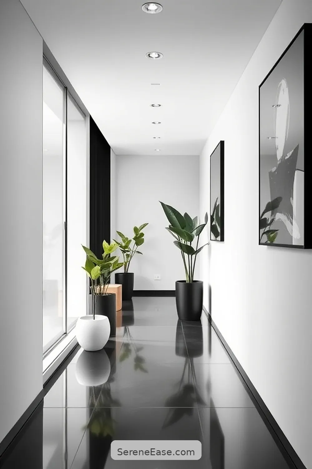19 Ways to Achieve Black and White Minimalist Style in Your Hallway 13 Incorporate Potted Plants for 19 Ways to Achieve Black and White Minimalist Style in Your Hallway