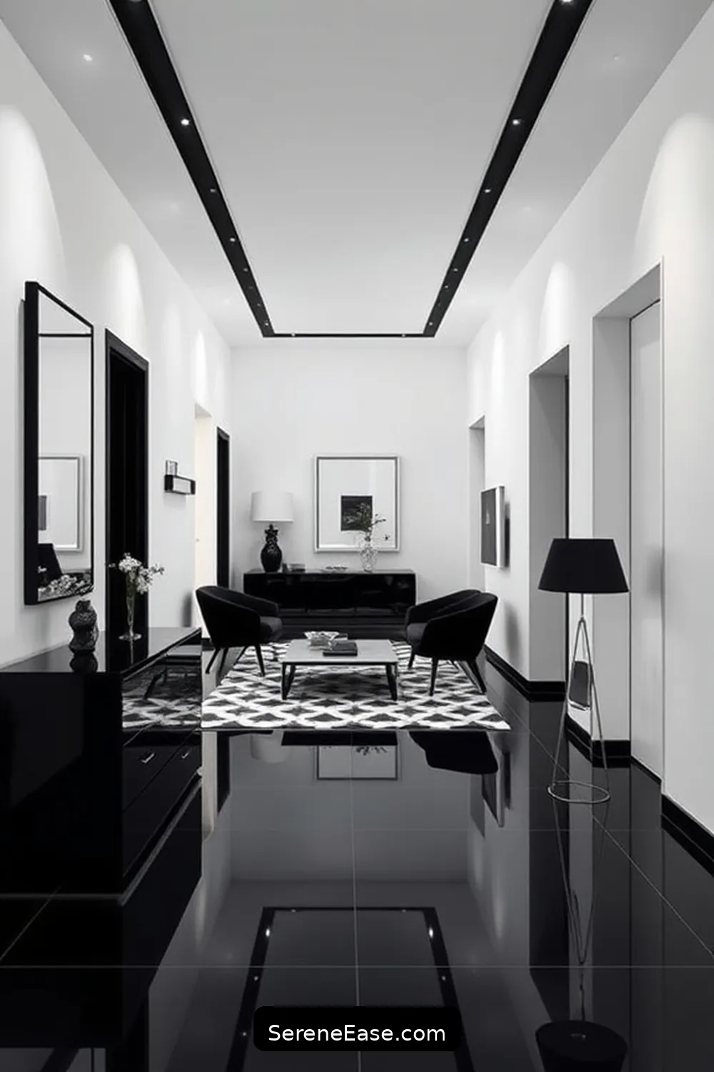 19 Ways to Achieve Black and White Minimalist Style in Your Hallway 3 Opt for Sleek Furniture Designs for 19 Ways to Achieve Black and White Minimalist Style in Your Hallway