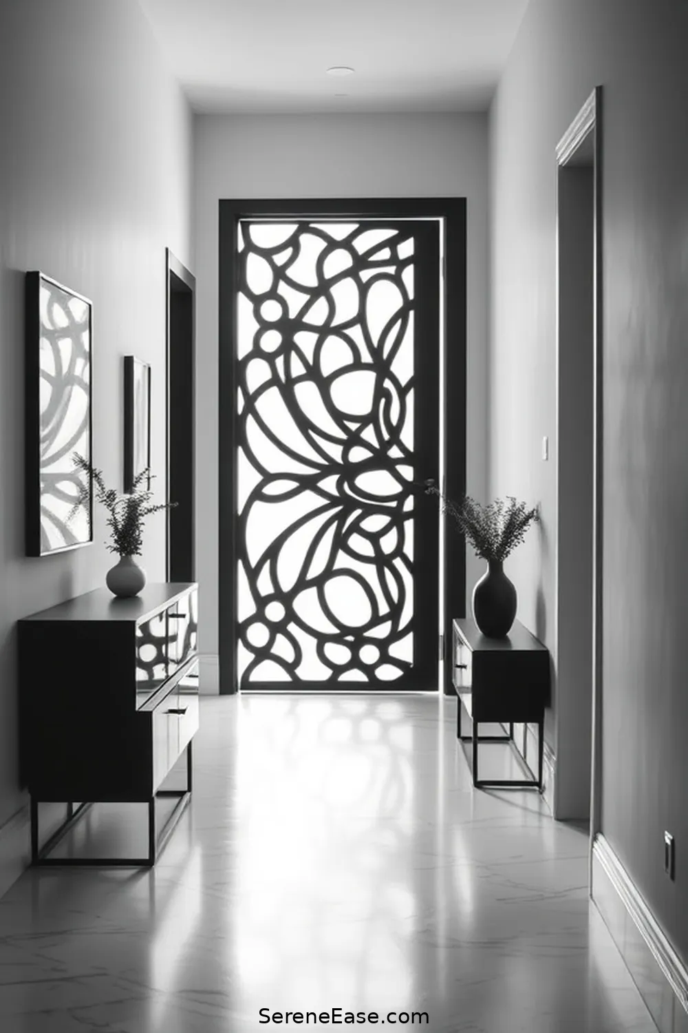 19 Ways to Achieve Black and White Minimalist Style in Your Hallway 18 Use a Bold Door Design for 19 Ways to Achieve Black and White Minimalist Style in Your Hallway
