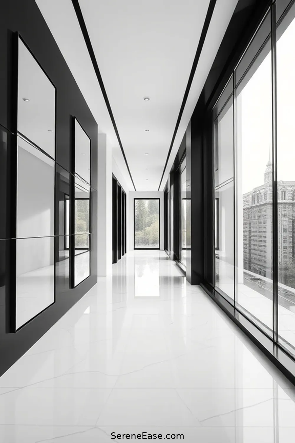 19 Ways to Achieve Black and White Minimalist Style in Your Hallway 9 Utilize Mirrors for Depth for 19 Ways to Achieve Black and White Minimalist Style in Your Hallway