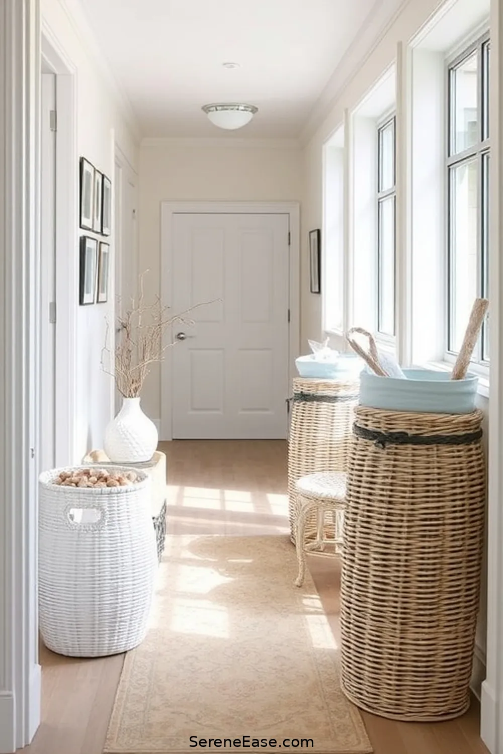 19 Ways to Achieve Monochromatic Coastal Style in Your Hallway 18 Use Baskets for Storage for 19 Ways to Achieve Monochromatic Coastal Style in Your Hallway