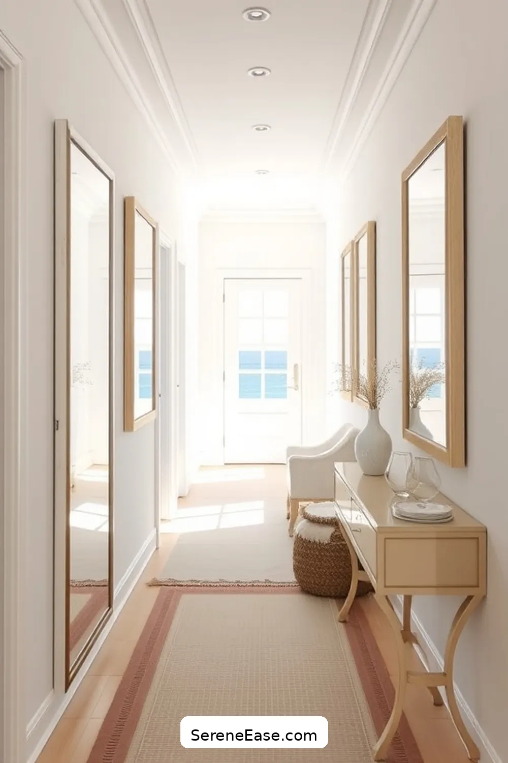 19 Ways to Achieve Monochromatic Coastal Style in Your Hallway 9 Use Mirrors to Enhance Light for 19 Ways to Achieve Monochromatic Coastal Style in Your Hallway