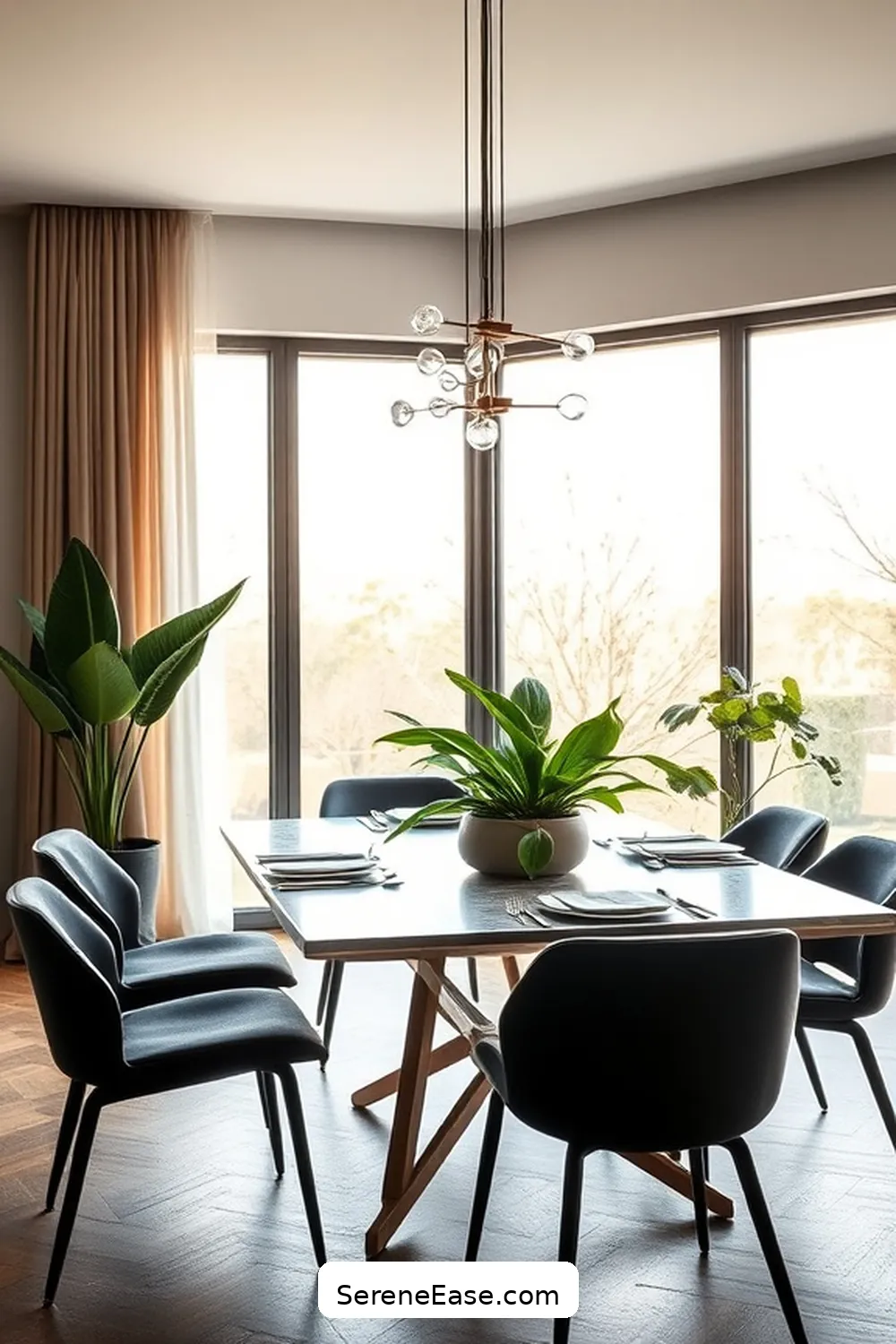 19 Ways to Achieve Monochromatic Dining Room in Mid-Century Modern Style 12 Add Plants for a Touch of Green for 19 Ways to Achieve Monochromatic Dining Room in Mid-Century Modern Style