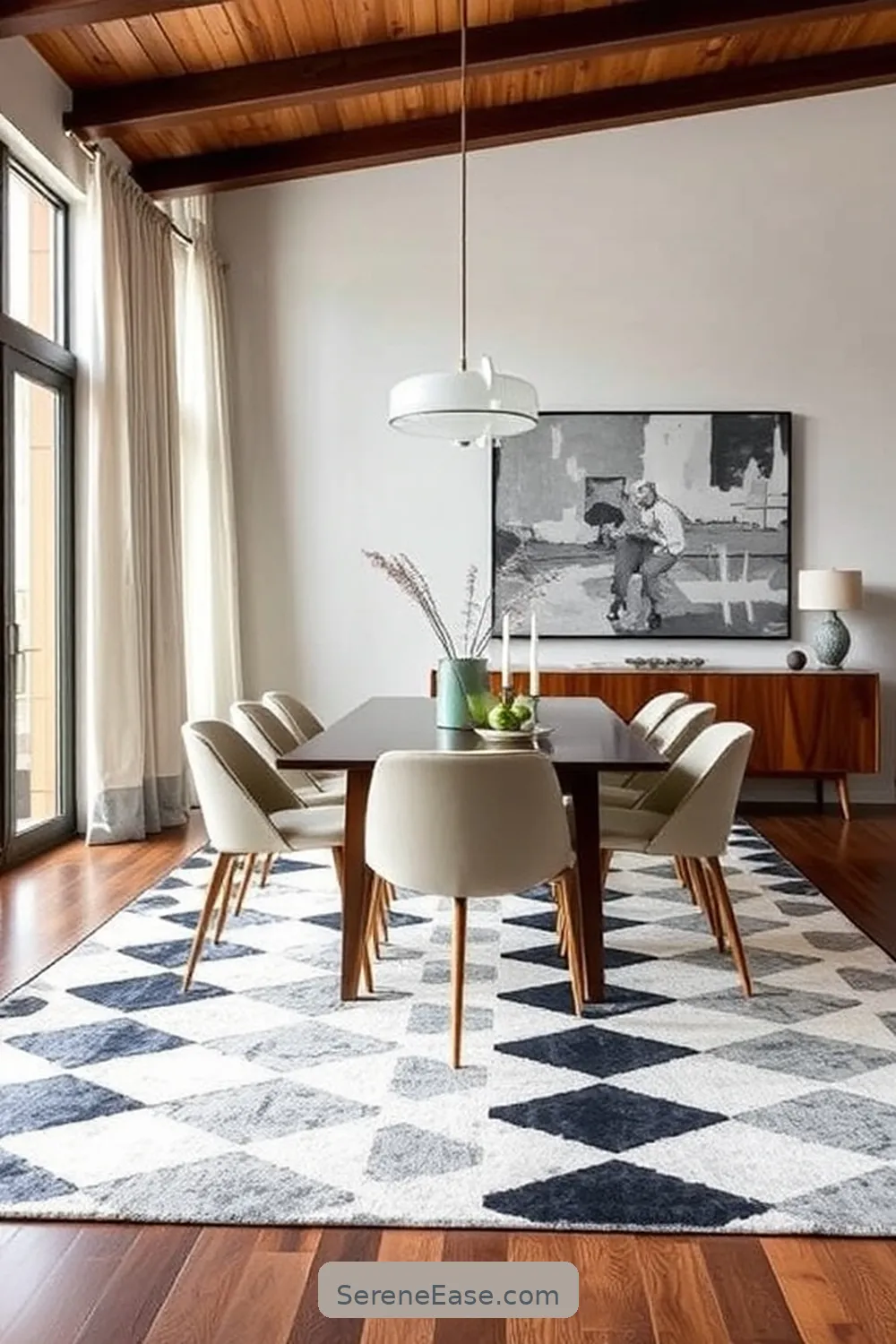 19 Ways to Achieve Monochromatic Dining Room in Mid-Century Modern Style 10 Create Visual Interest With Rugs for 19 Ways to Achieve Monochromatic Dining Room in Mid-Century Modern Style
