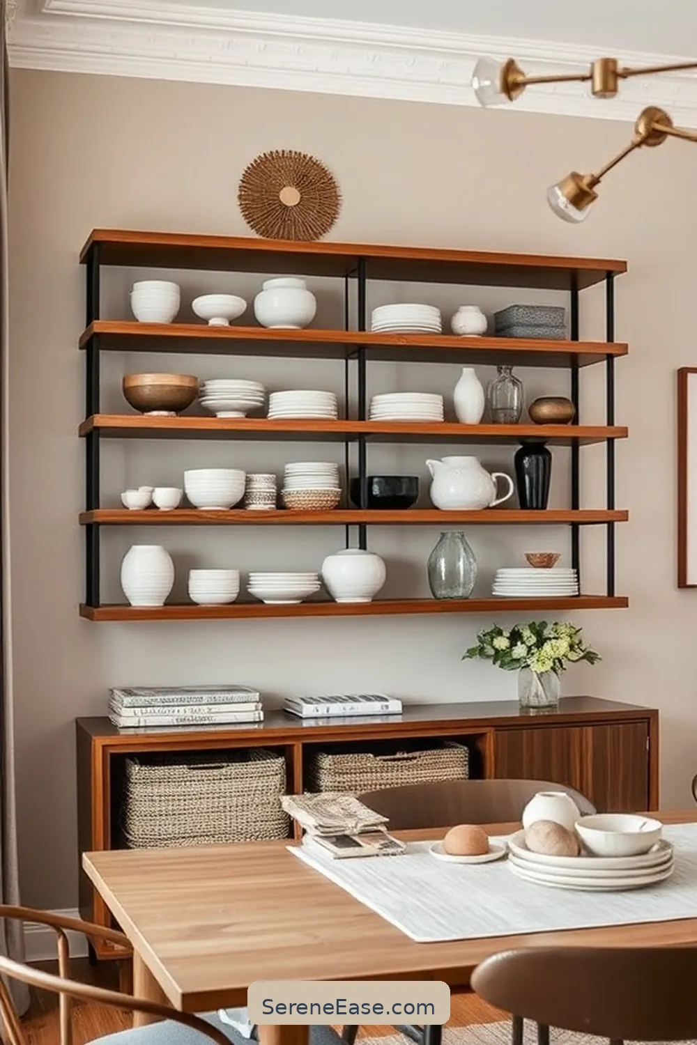 19 Ways to Achieve Monochromatic Dining Room in Mid-Century Modern Style 14 Use Open Shelving to Display Decor for 19 Ways to Achieve Monochromatic Dining Room in Mid-Century Modern Style