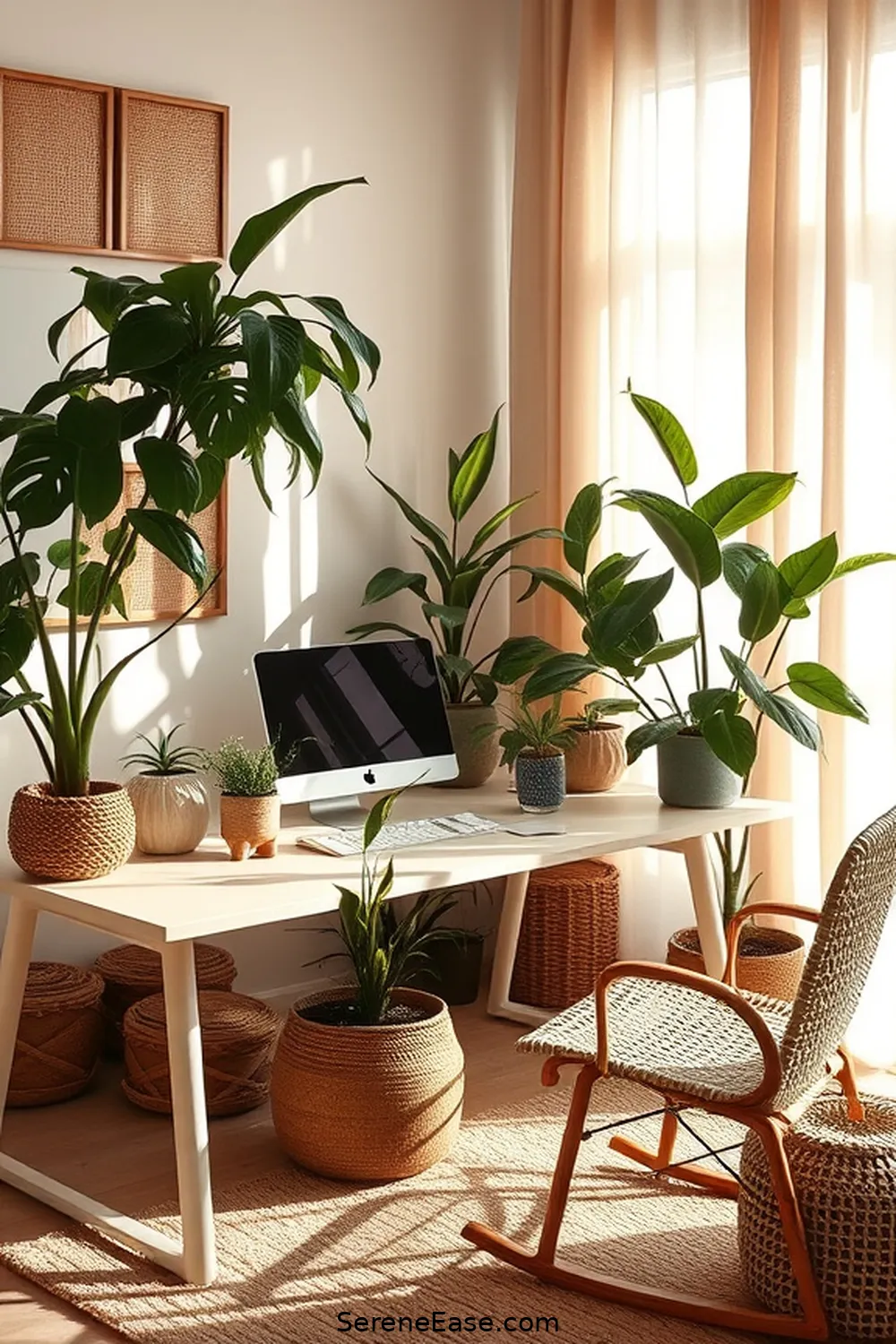 Add Natural Elements for 19 Ways to Achieve Monochromatic Home Office Bohemian Style