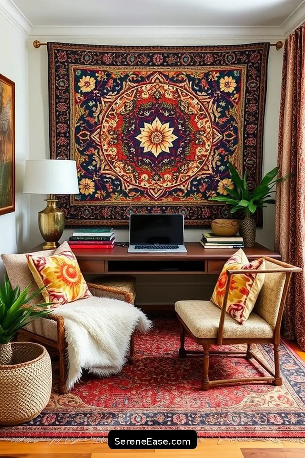 Embrace Patterned Fabrics for 19 Ways to Achieve Monochromatic Home Office Bohemian Style