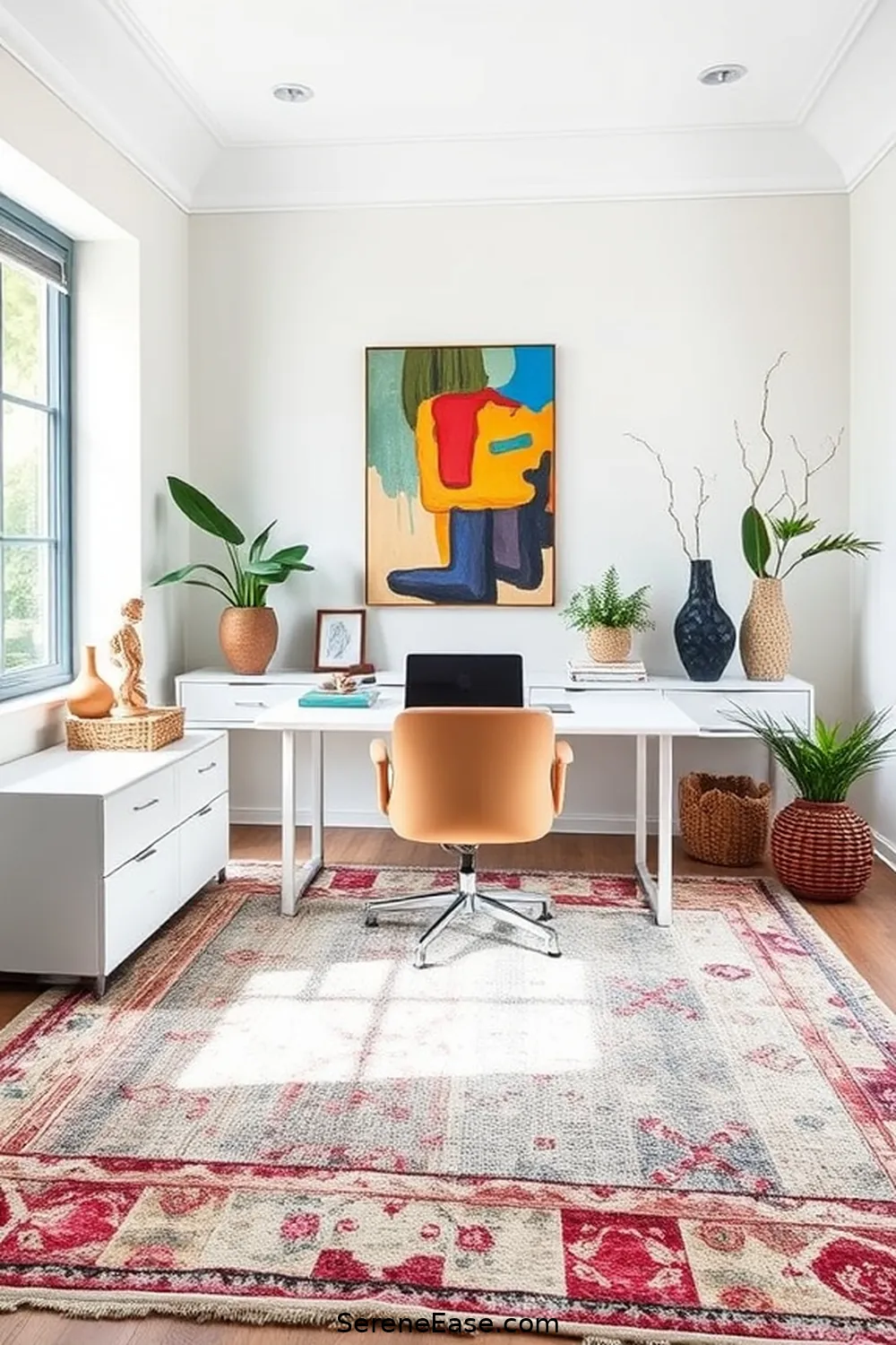 Include Artistic Accessories for 19 Ways to Achieve Monochromatic Home Office Bohemian Style