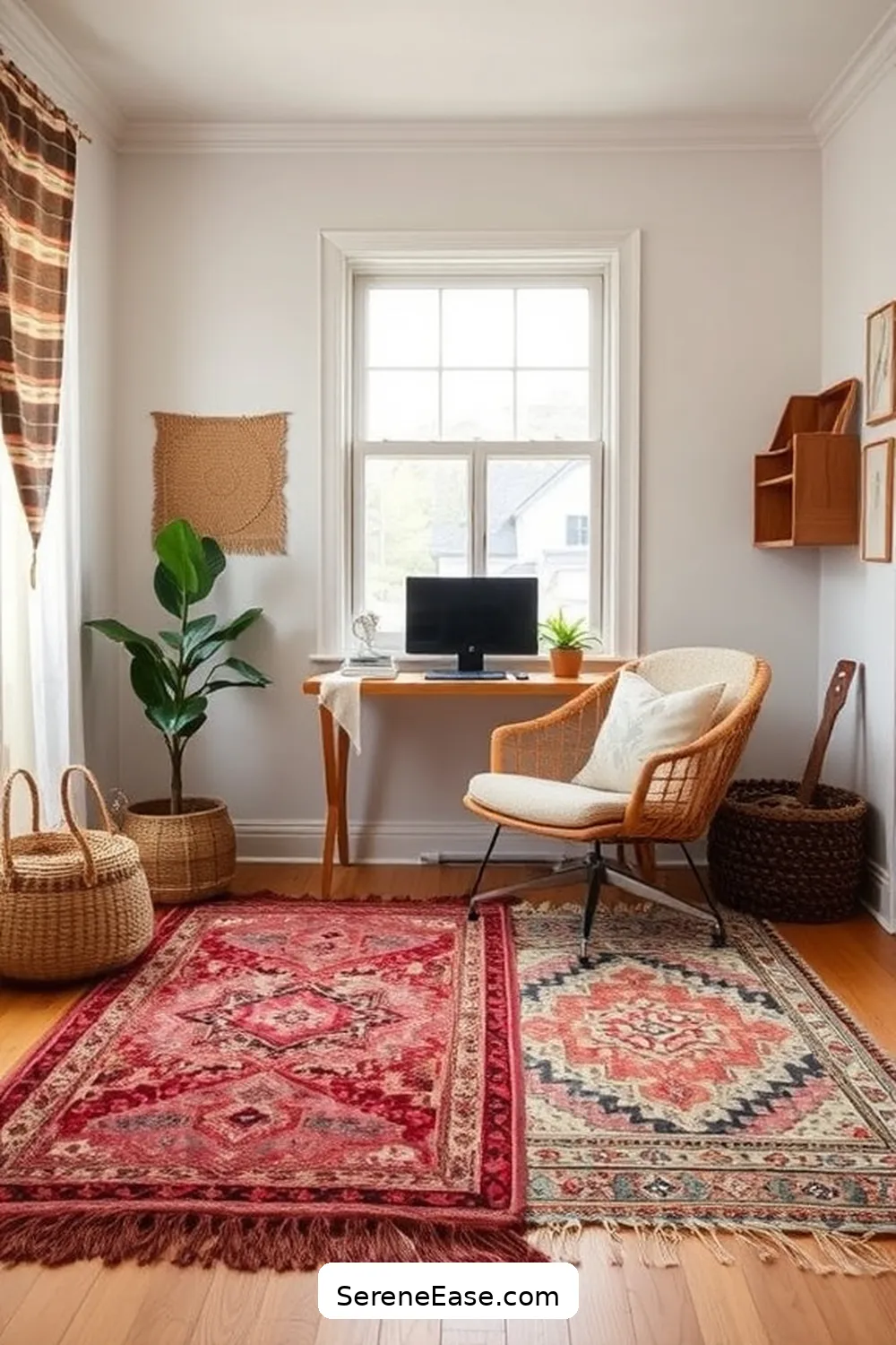 Utilize Rugs for Warmth for 19 Ways to Achieve Monochromatic Home Office Bohemian Style