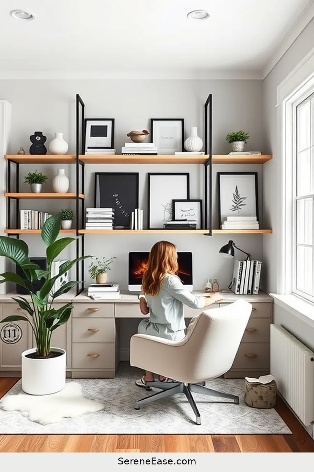 19 Ways to Achieve Monochromatic Home Office Modern Farmhouse Style 10 9. Utilize Open Shelving for 19 Ways to Achieve Monochromatic Home Office Modern Farmhouse Style