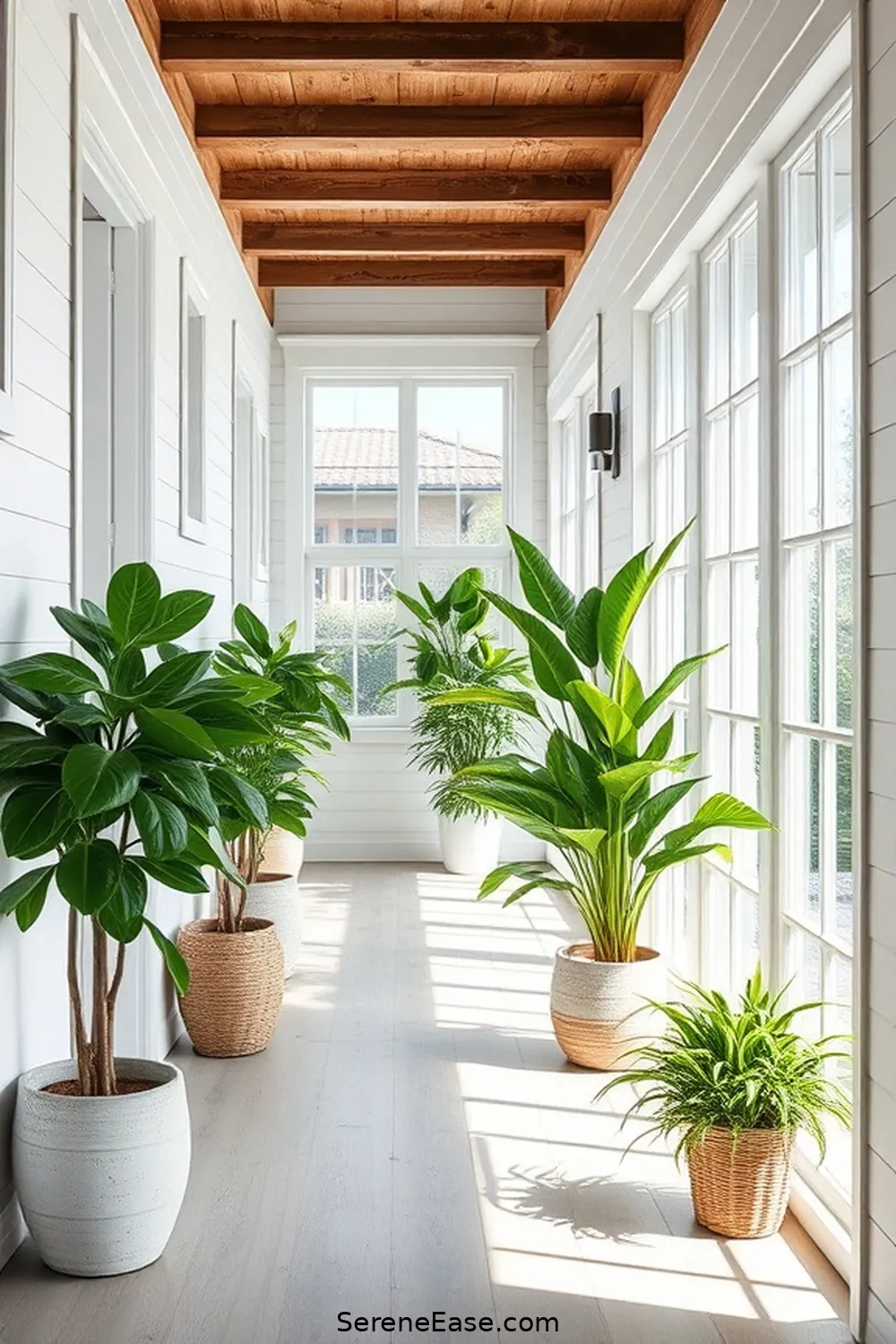 19 Ways to Achieve a Monochromatic Hallway in Modern Farmhouse Style 17 Add Potted Plants for 19 Ways to Achieve a Monochromatic Hallway in Modern Farmhouse Style
