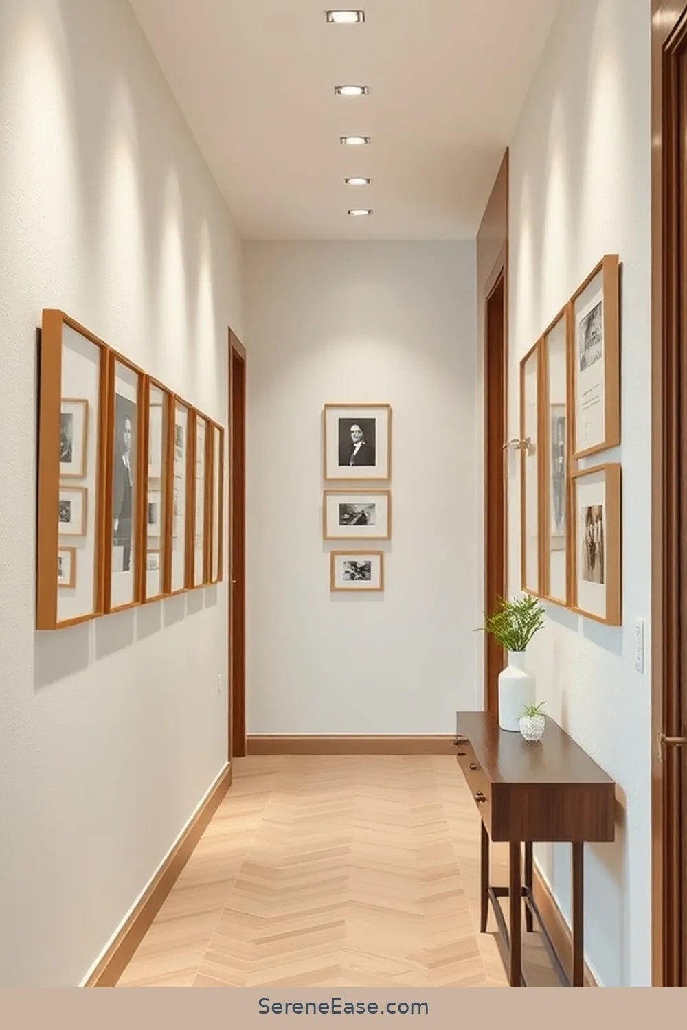 19 Ways to Achieve a Monochromatic Hallway in Modern Farmhouse Style 14 Hang Uniform Photo Frames for 19 Ways to Achieve a Monochromatic Hallway in Modern Farmhouse Style