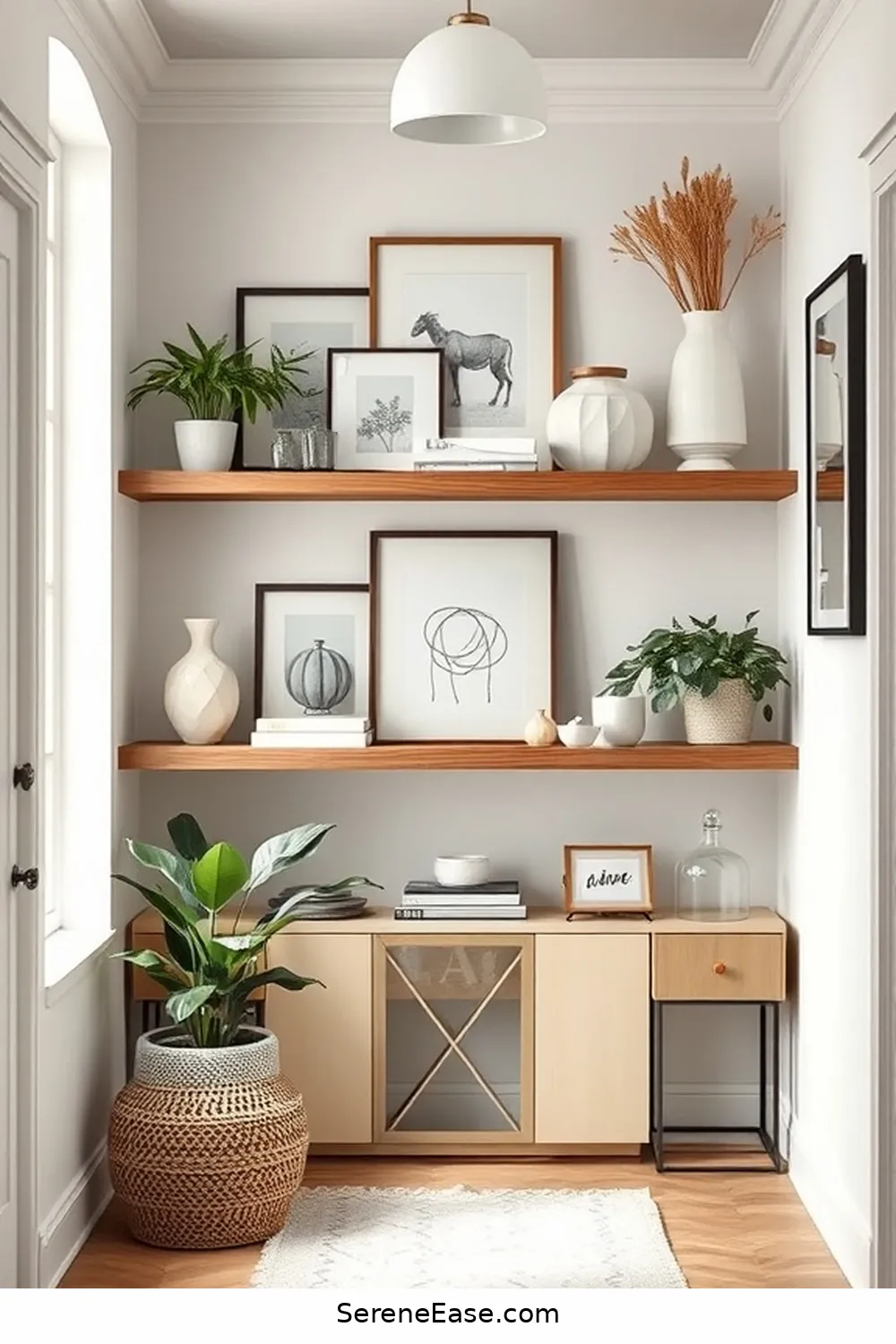 19 Ways to Achieve a Monochromatic Hallway in Modern Farmhouse Style 15 Utilize Open Shelving for 19 Ways to Achieve a Monochromatic Hallway in Modern Farmhouse Style
