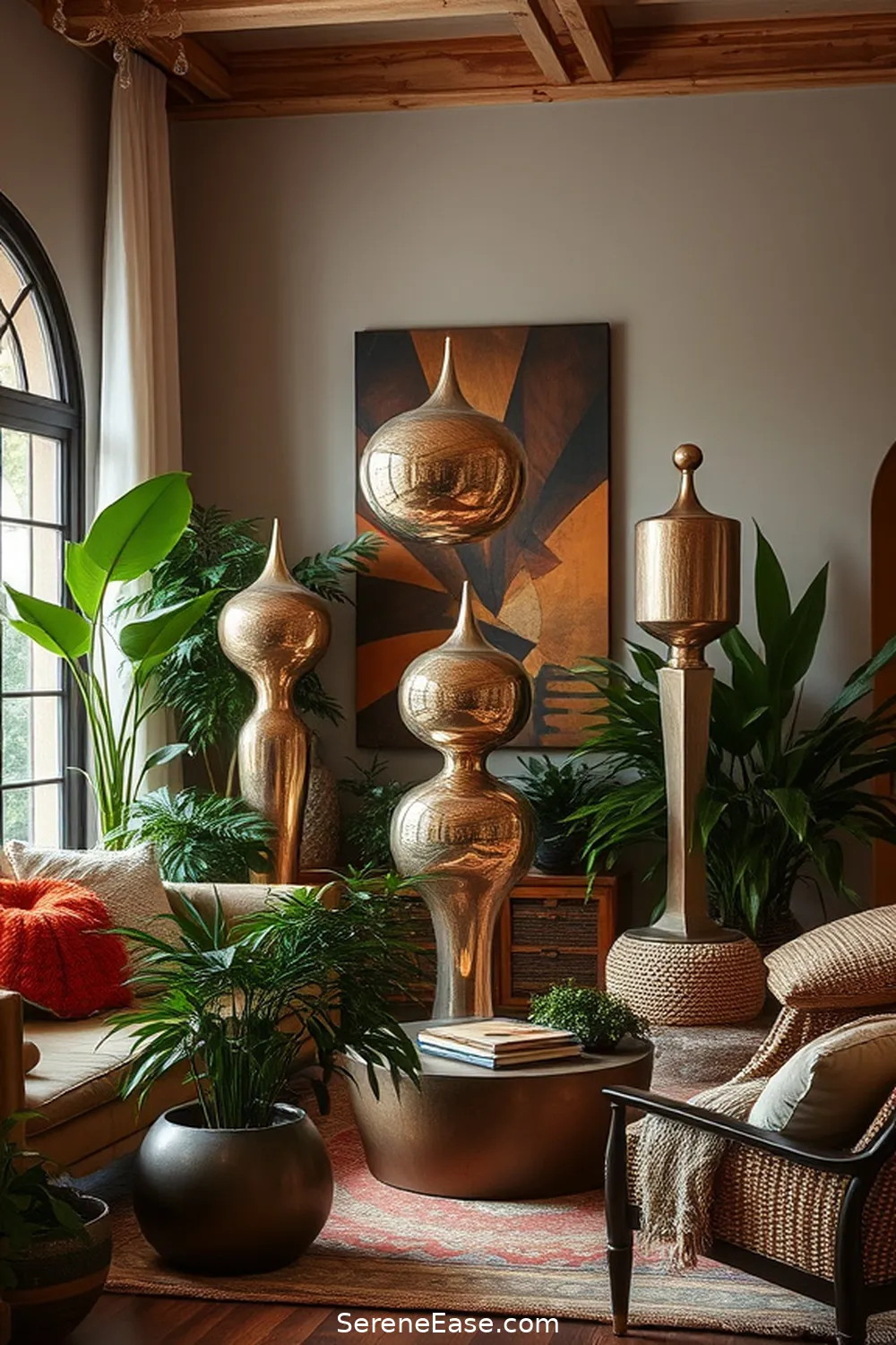 19 Ways to Incorporate Metallic Accents in Bohemian Style Living Rooms 11 Showcase Metallic Sculptures for 19 Ways to Incorporate Metallic Accents in Bohemian Style Living Rooms