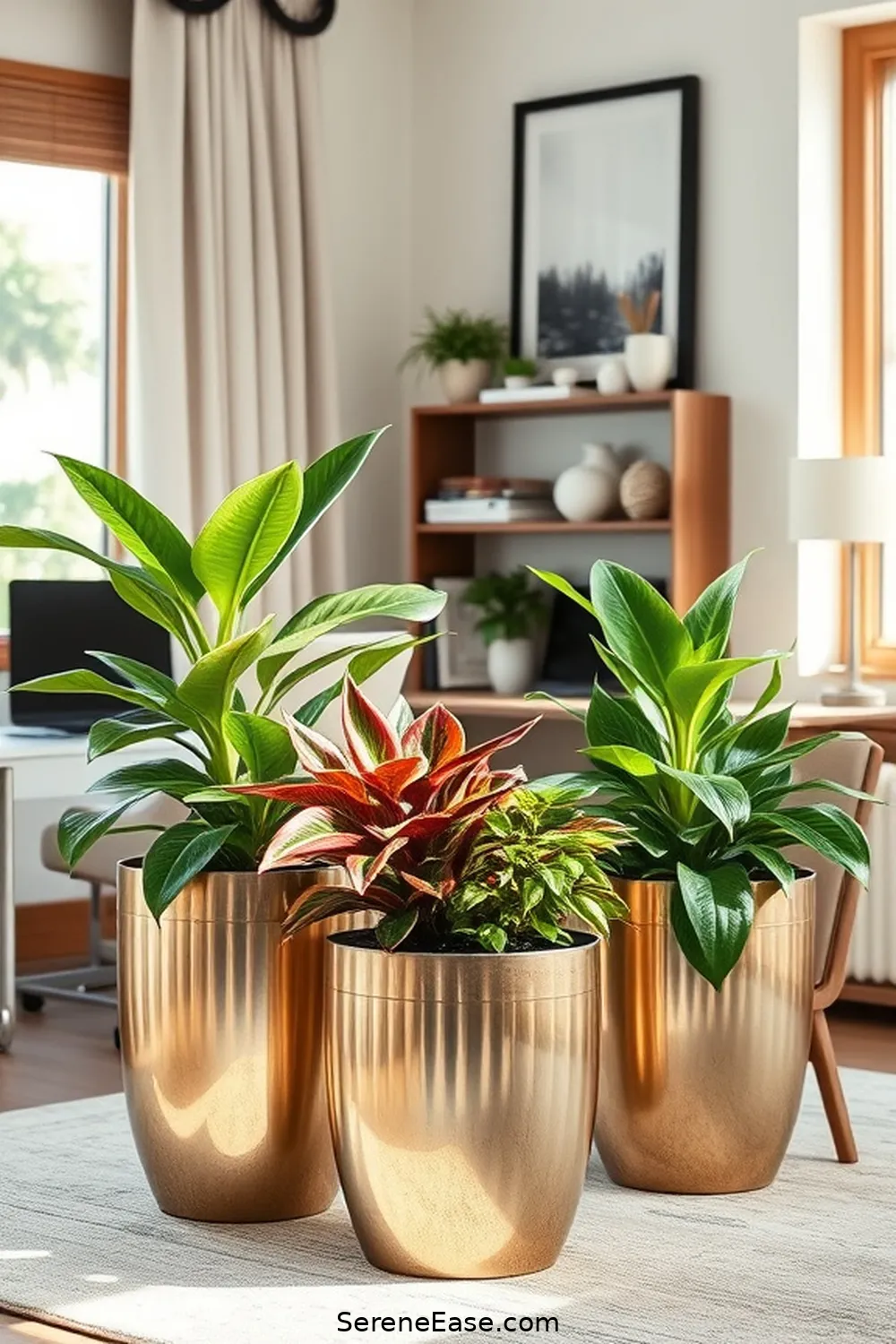 19 Ways to Incorporate Metallic Accents in Coastal Home Office Style 20 Metallic Planters for Indoor Plants for 19 Ways to Incorporate Metallic Accents in Coastal Home Office Style