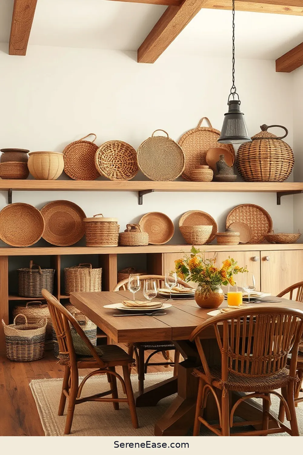 19 Ways to Use Earth Tones in Rustic Dining Room Style 11 Integrate Woven Baskets for Storage for 19 Ways to Use Earth Tones in Rustic Dining Room Style