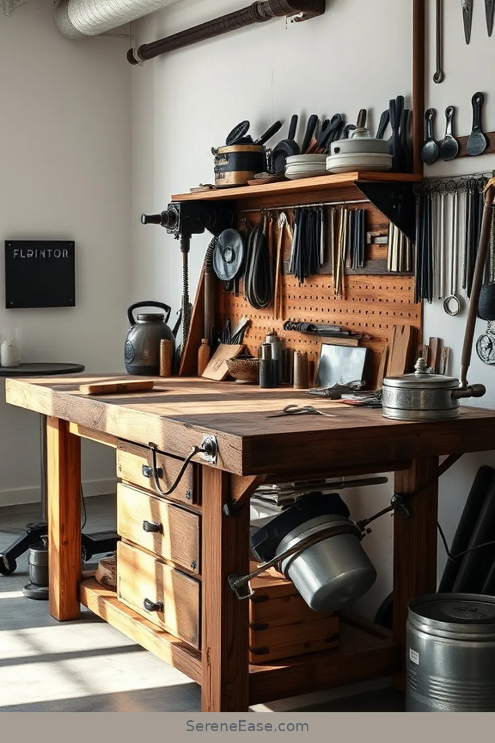 20 Monochromatic Industrial Garage Ideas to Transform Your Style 8 Add a Vintage Workbench for Character for 20 Monochromatic Industrial Garage Ideas to Transform Your Style