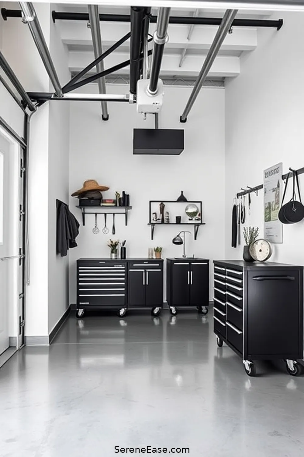 20 Monochromatic Industrial Garage Ideas to Transform Your Style 11 Integrate a Rolling Tool Cabinet for Storage for 20 Monochromatic Industrial Garage Ideas to Transform Your Style
