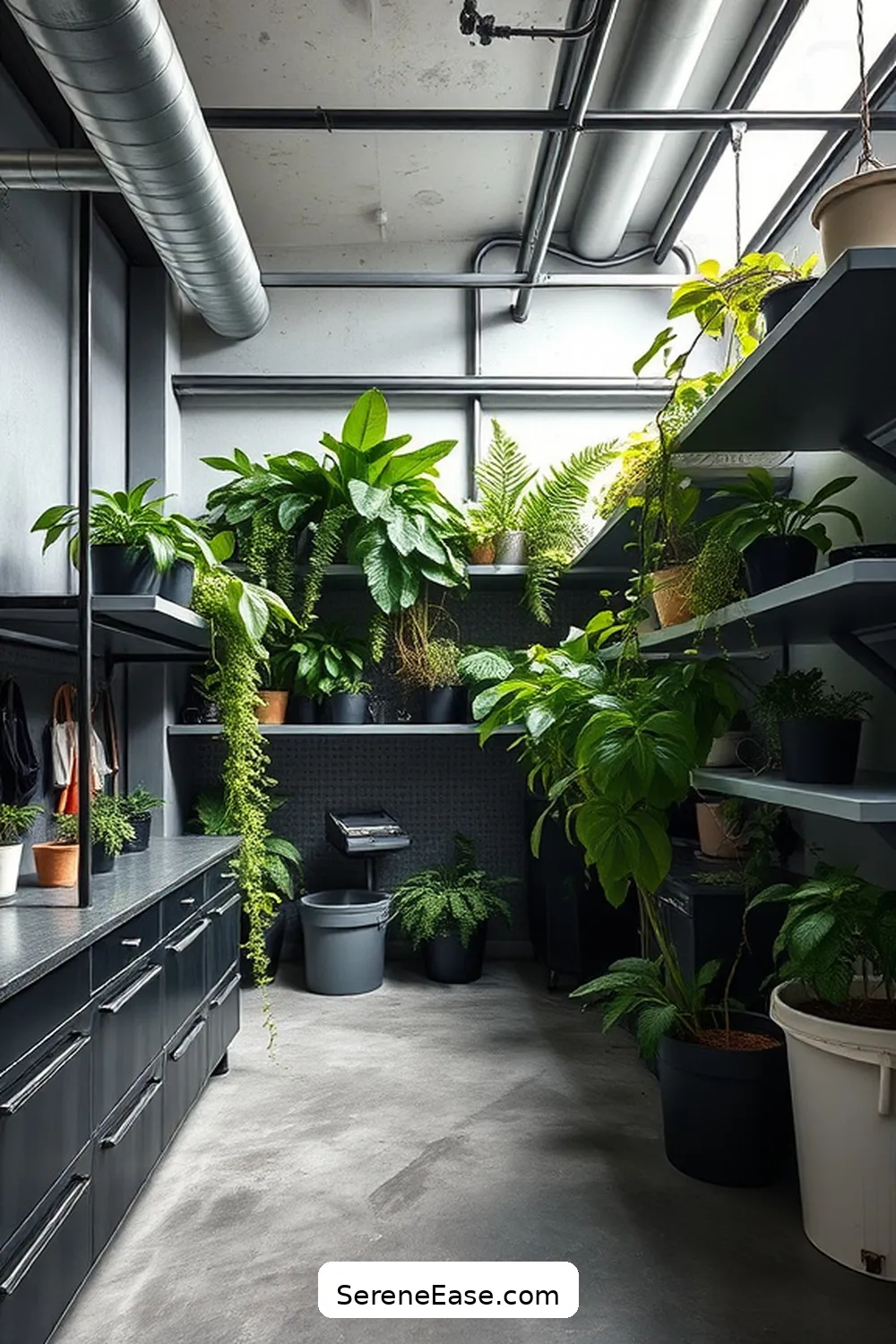 20 Monochromatic Industrial Garage Ideas to Transform Your Style 15 Introduce Plant Life for a Touch of Green for 20 Monochromatic Industrial Garage Ideas to Transform Your Style