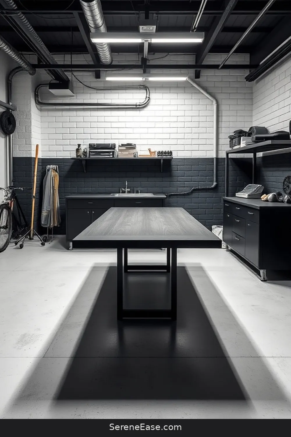 20 Monochromatic Industrial Garage Ideas to Transform Your Style 18 Use a Folding Table for Versatile Workspace for 20 Monochromatic Industrial Garage Ideas to Transform Your Style