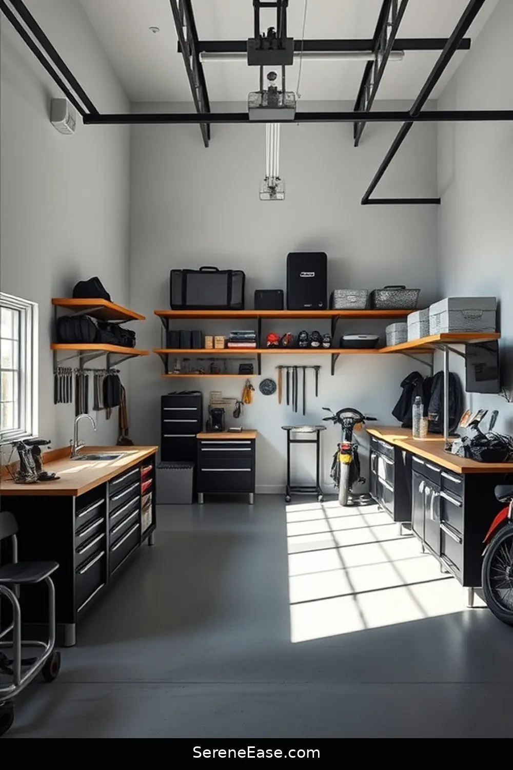20 Monochromatic Industrial Garage Ideas to Transform Your Style 3 Utilize Open Shelving for a Functional Touch for 20 Monochromatic Industrial Garage Ideas to Transform Your Style