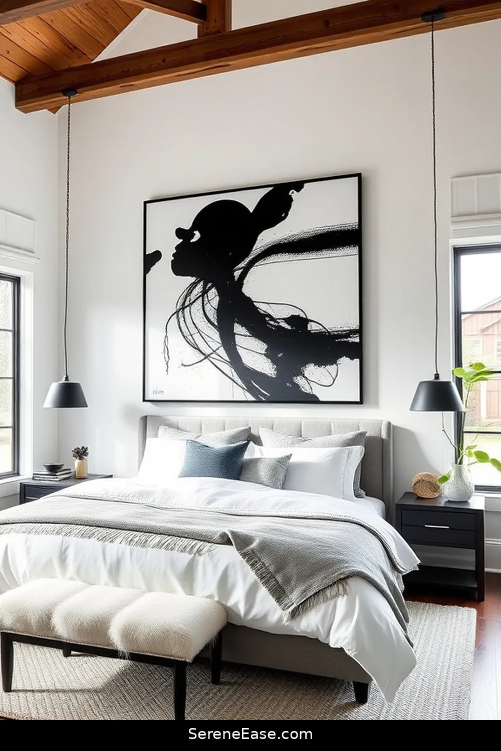 20 Stunning Black and White Modern Farmhouse Bedroom Ideas 5 Statement Wall Art for 20 Stunning Black and White Modern Farmhouse Bedroom Ideas