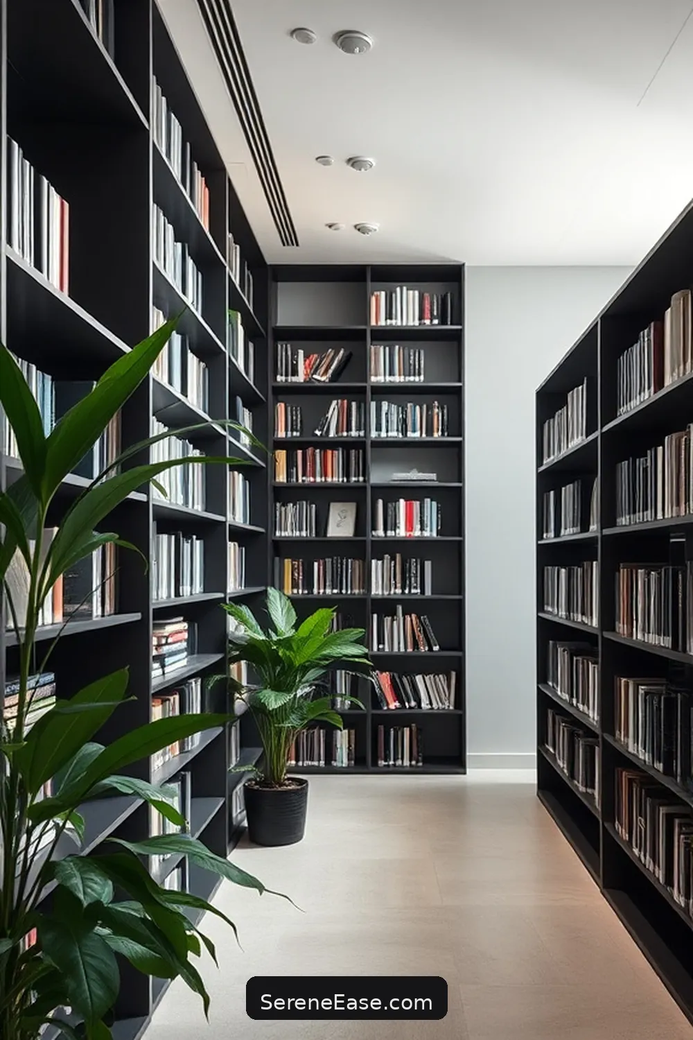 20 Ways to Achieve Monochromatic Library in Minimalist Style 11 Incorporate Plants for 20 Ways to Achieve Monochromatic Library in Minimalist Style