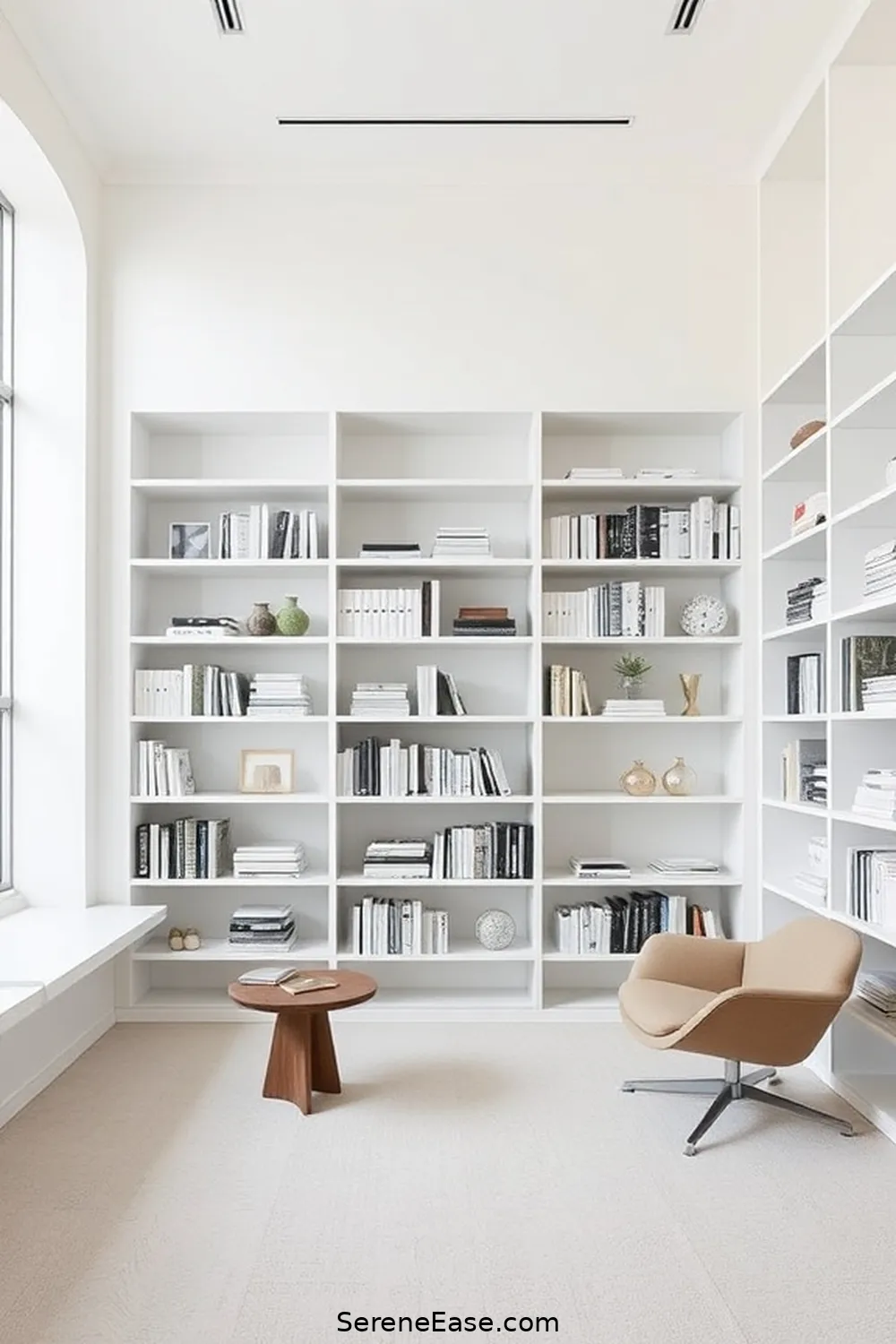 20 Ways to Achieve Monochromatic Library in Minimalist Style 13 Limit Decorative Items for 20 Ways to Achieve Monochromatic Library in Minimalist Style