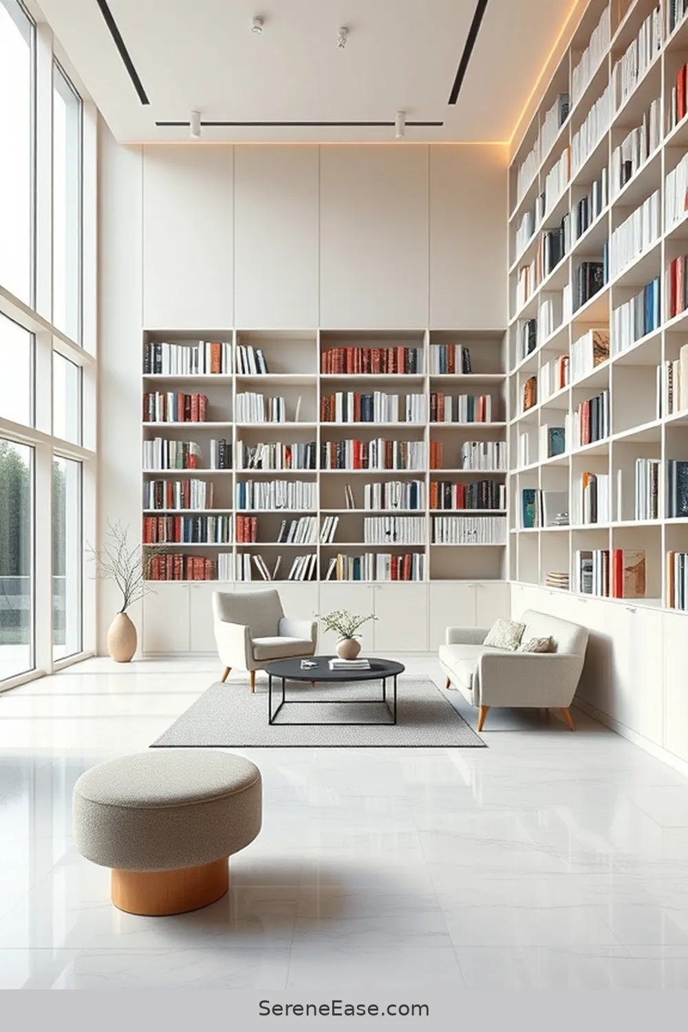 20 Ways to Achieve Monochromatic Library in Minimalist Style 7 Opt for Neutral Flooring for 20 Ways to Achieve Monochromatic Library in Minimalist Style