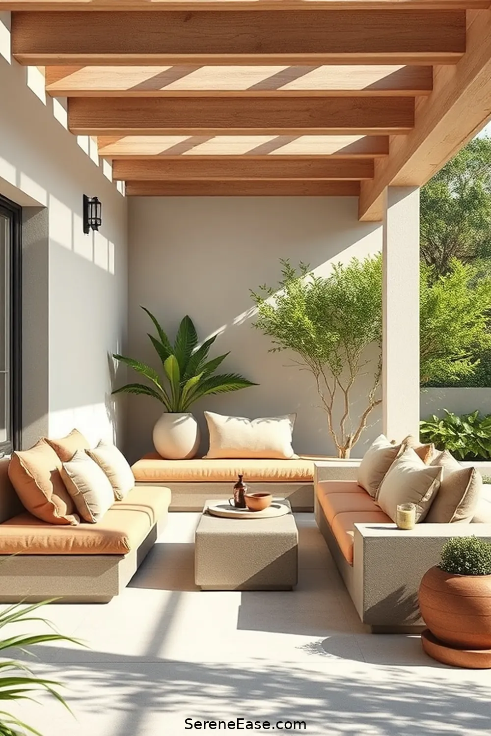 Add Built-in Seating for 20 Ways to Achieve Neutral Tones in Minimalist Outdoor Patio Style