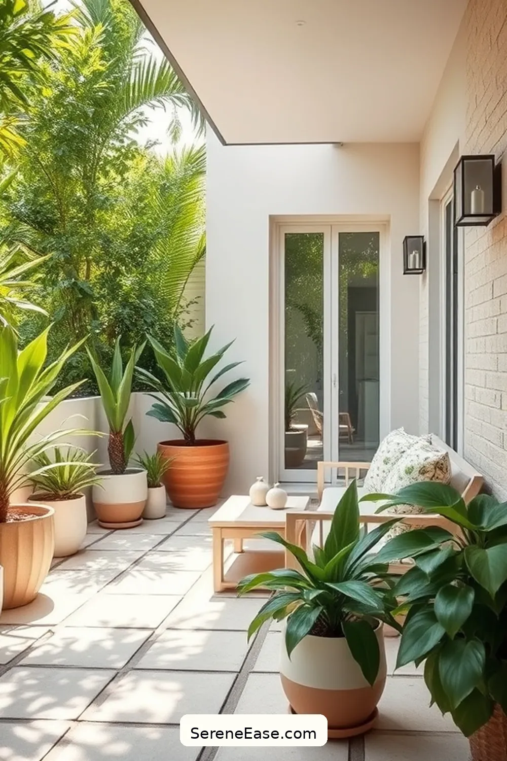 Add Potted Plants in Neutral Tones for 20 Ways to Achieve Neutral Tones in Minimalist Outdoor Patio Style