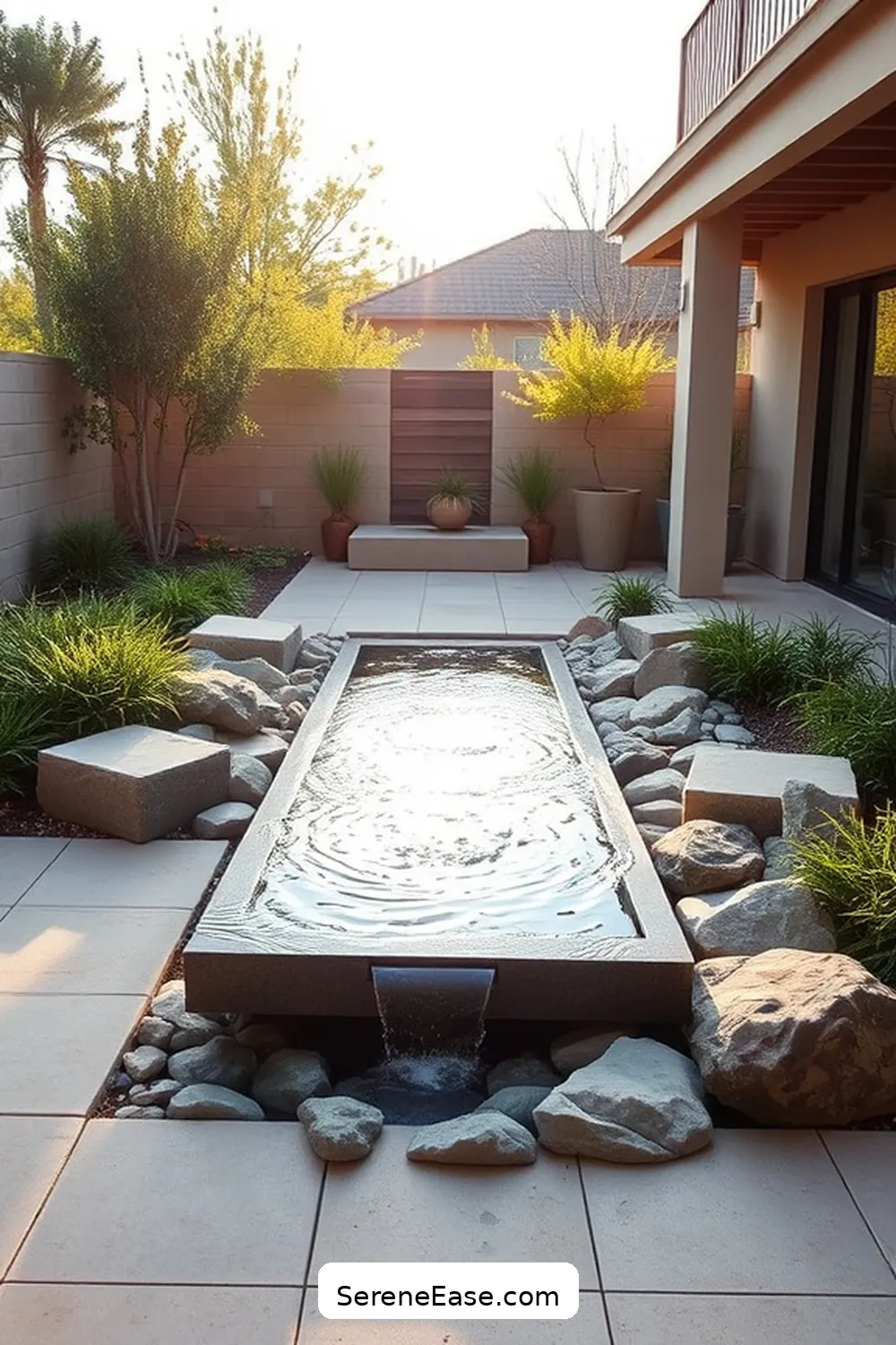 Install a Sleek Water Feature for 20 Ways to Achieve Neutral Tones in Minimalist Outdoor Patio Style