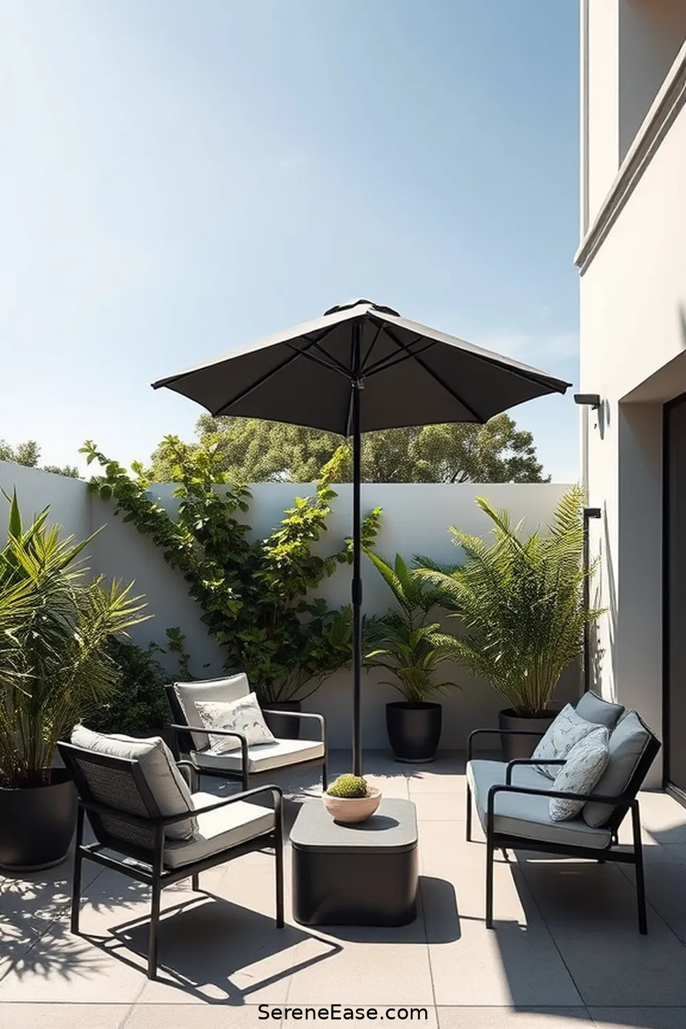 Select a Monochromatic Umbrella or Canopy for 20 Ways to Achieve Neutral Tones in Minimalist Outdoor Patio Style
