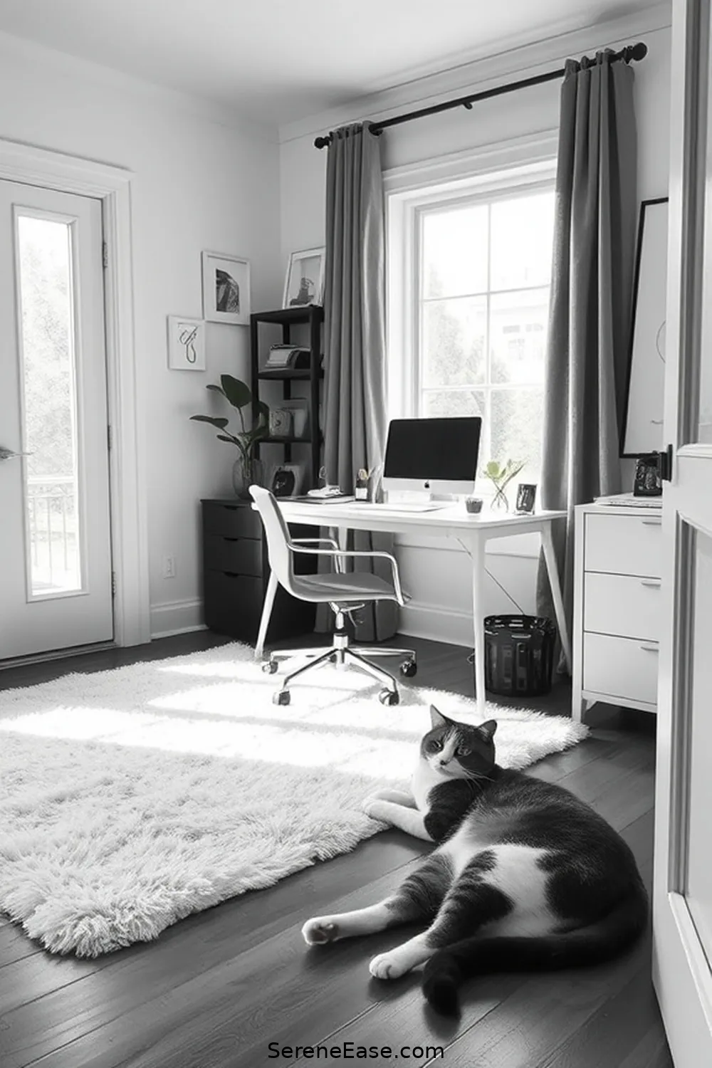 20 Ways to Achieve a Black and White Modern Farmhouse Home Office Style 8 Opt for a Cozy Area Rug for 20 Ways to Achieve a Black and White Modern Farmhouse Home Office Style