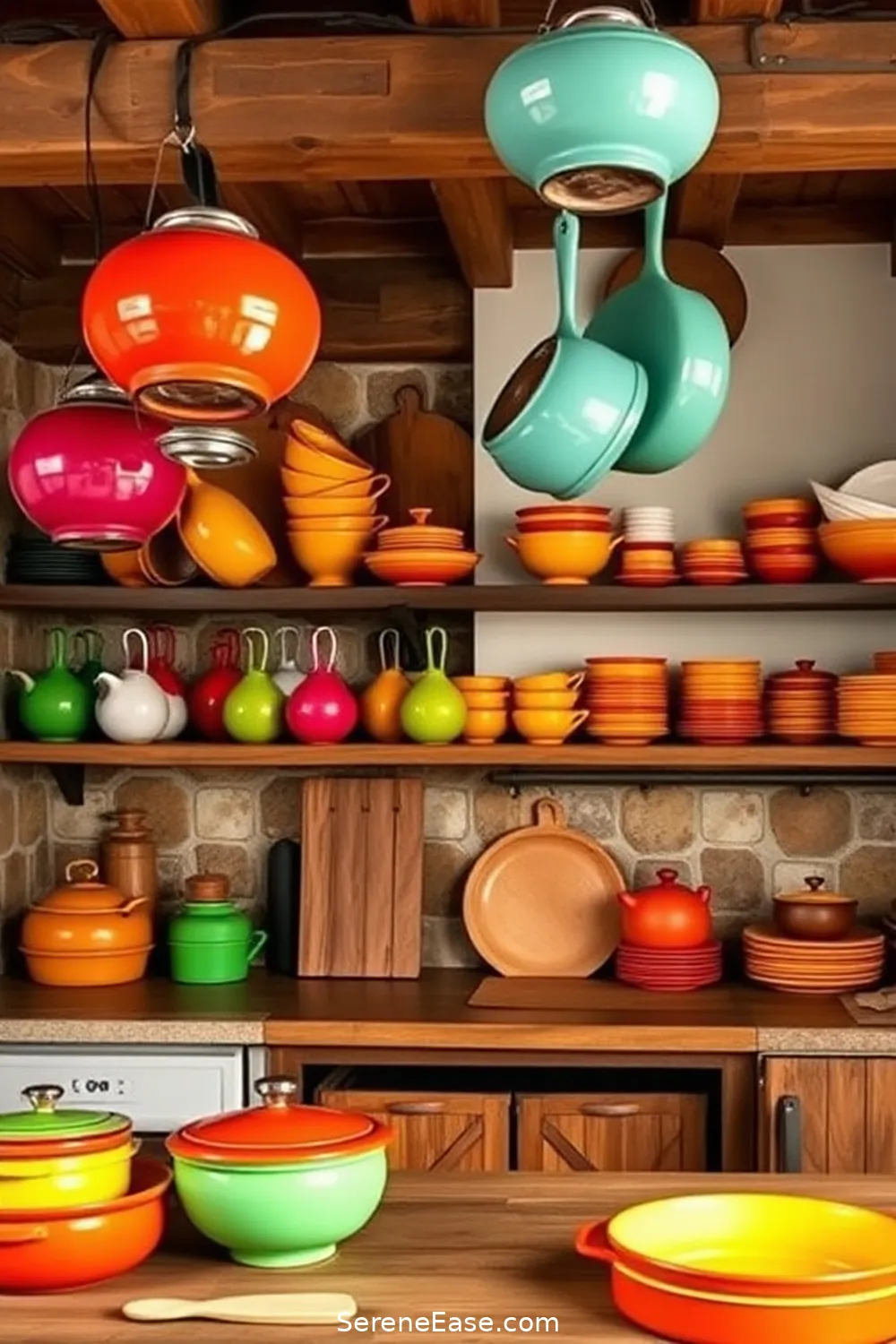20 Ways to Add Bold and Bright Colors to Rustic Kitchen Style 9 Display Bright Cookware for 20 Ways to Add Bold and Bright Colors to Rustic Kitchen Style