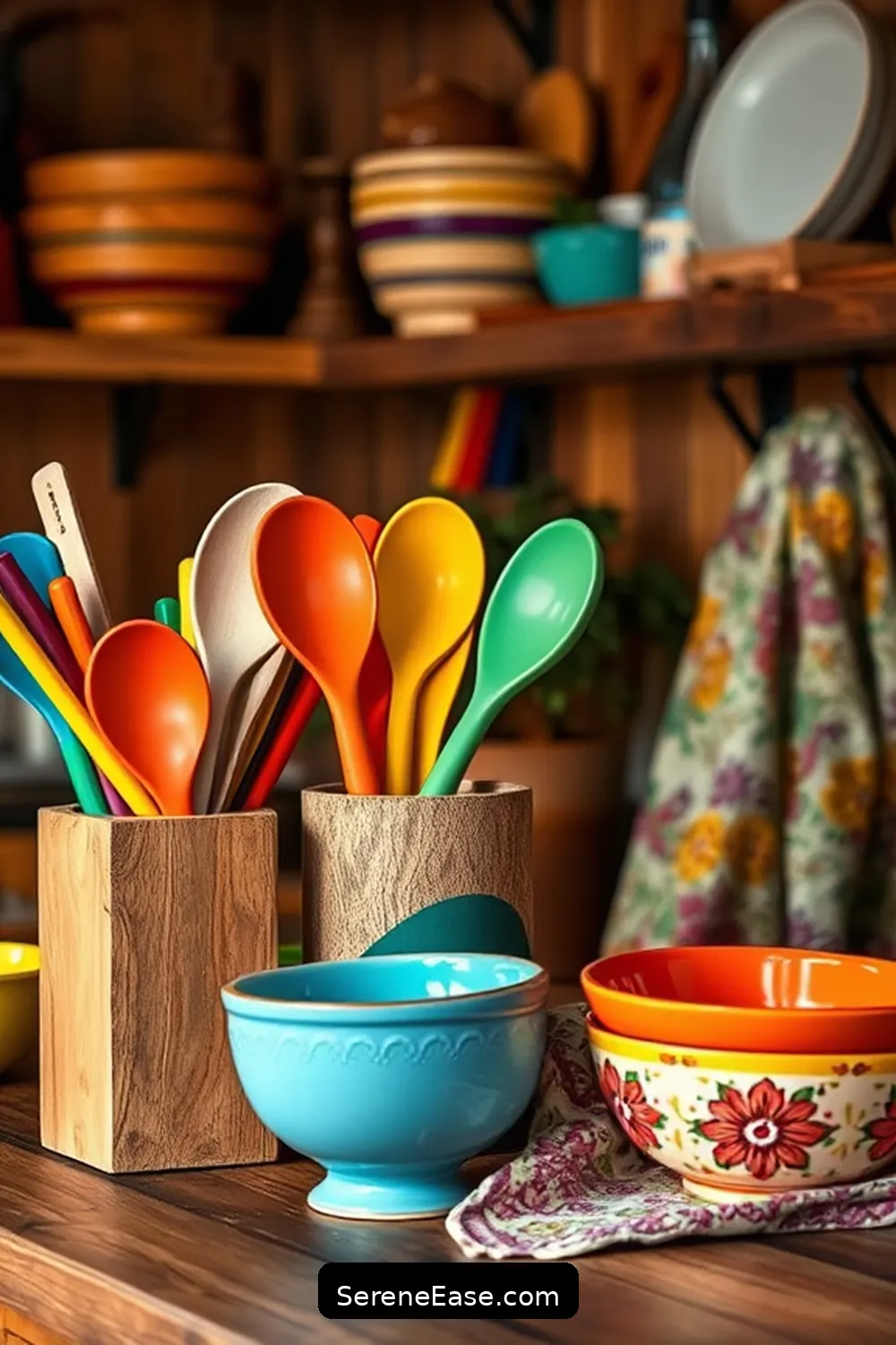 20 Ways to Add Bold and Bright Colors to Rustic Kitchen Style 17 Incorporate Colorful Utensils for 20 Ways to Add Bold and Bright Colors to Rustic Kitchen Style
