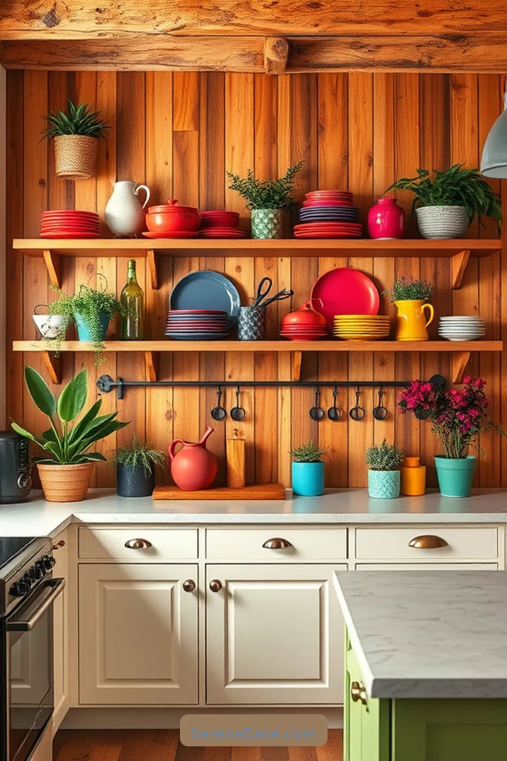 20 Ways to Add Bold and Bright Colors to Rustic Kitchen Style 18 Use Brightly Colored Open Shelving for 20 Ways to Add Bold and Bright Colors to Rustic Kitchen Style