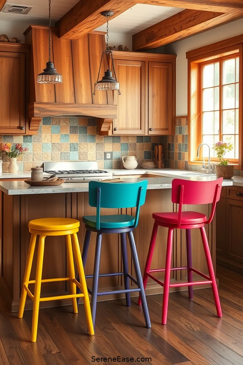 20 Ways to Add Bold and Bright Colors to Rustic Kitchen Style 8 Use Colorful Bar Stools or Chairs for 20 Ways to Add Bold and Bright Colors to Rustic Kitchen Style